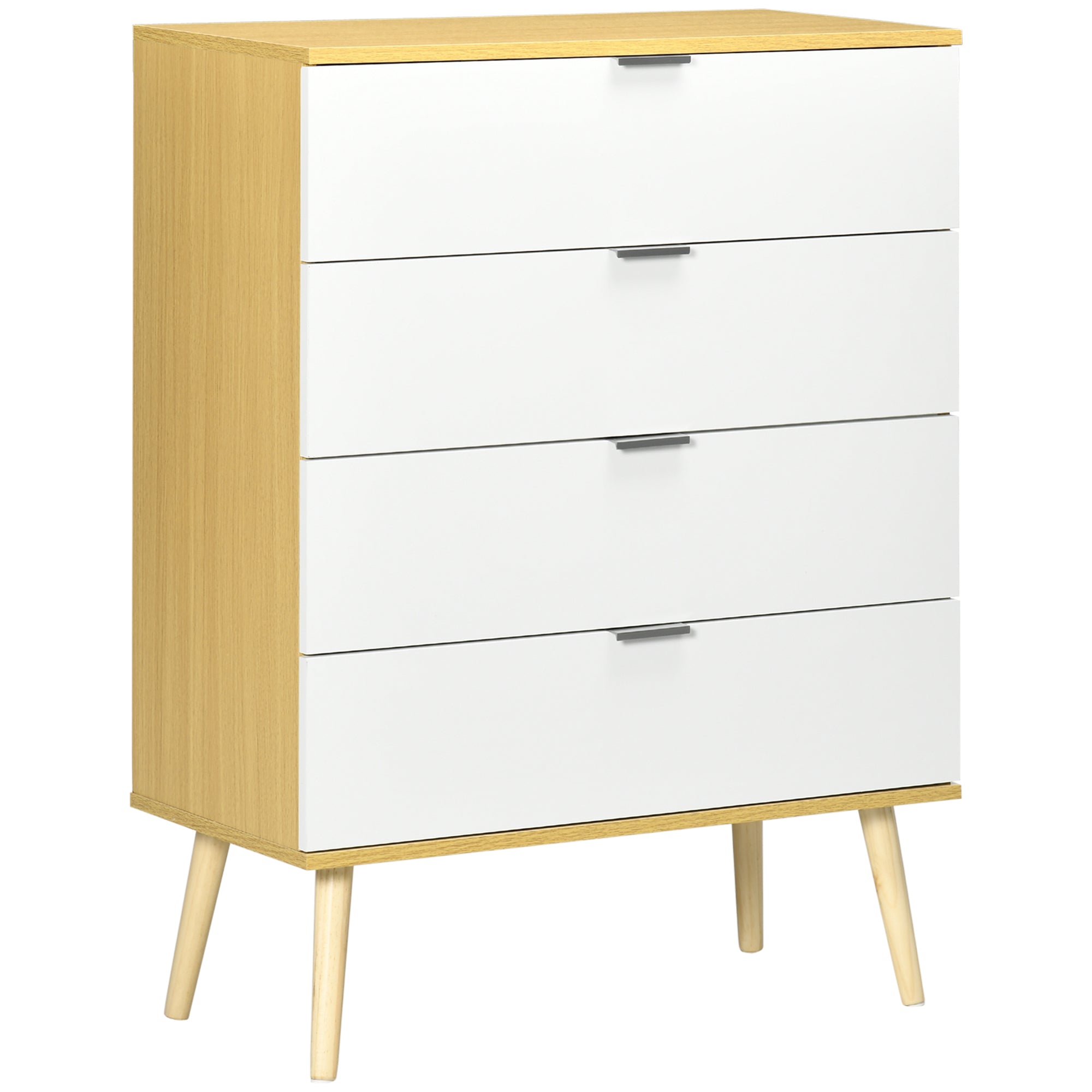 Chest of Drawers, 4-Drawer Storage Organiser Unit with Pine Wood Legs for Bedroom, Living Room, White and Natural