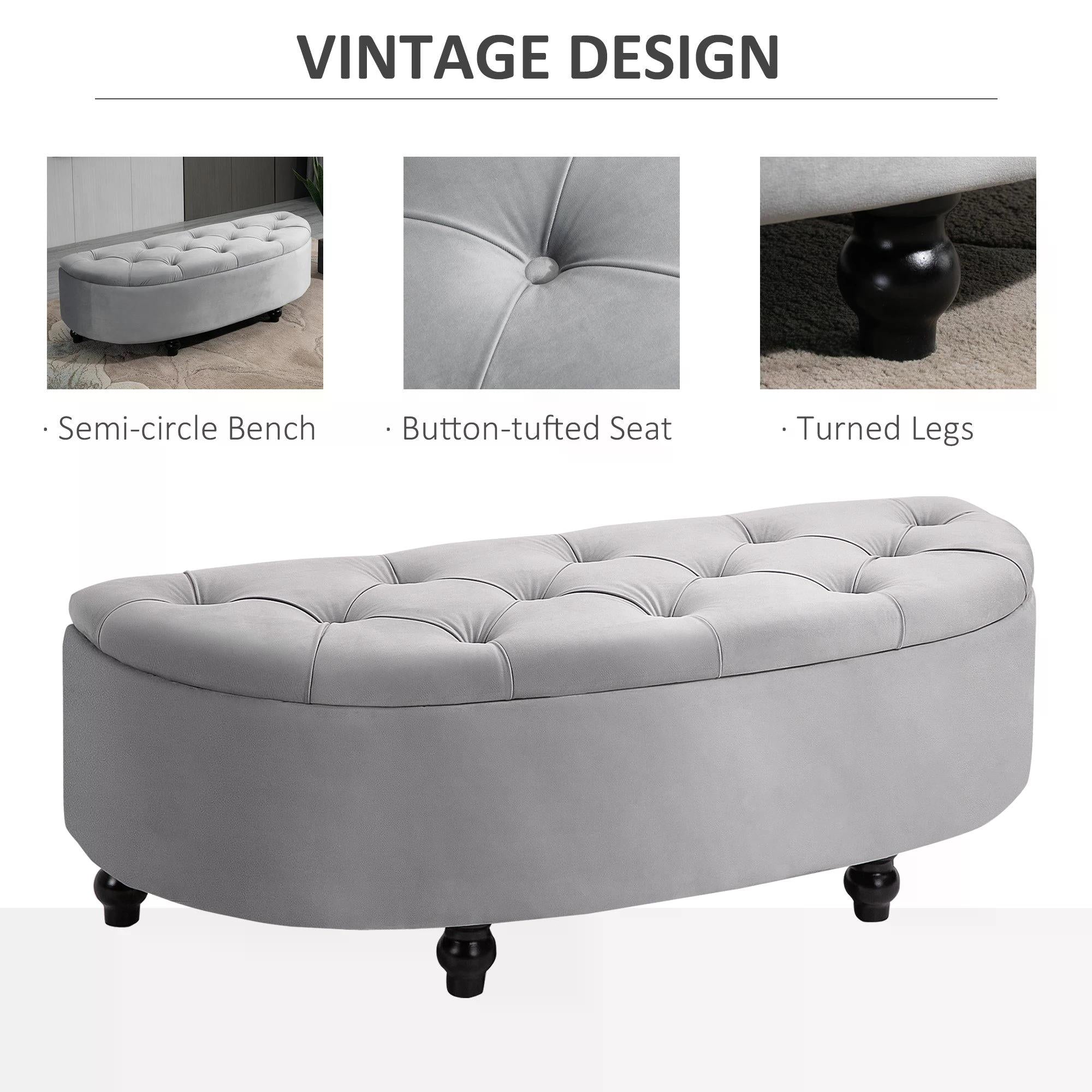 Semi-Circle Storage Ottoman Bench Tufted Upholstered Accent Seat Footrest Stool with Rubberwood Legs for Entryway & Bedroom, Grey