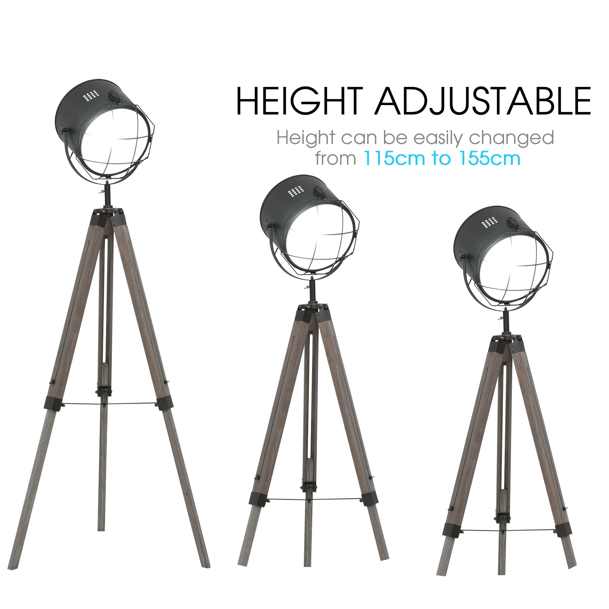 Industrial Tripod Floor Lamp with Vintage Spotlight and Wooden Legs E27 Base - Grey