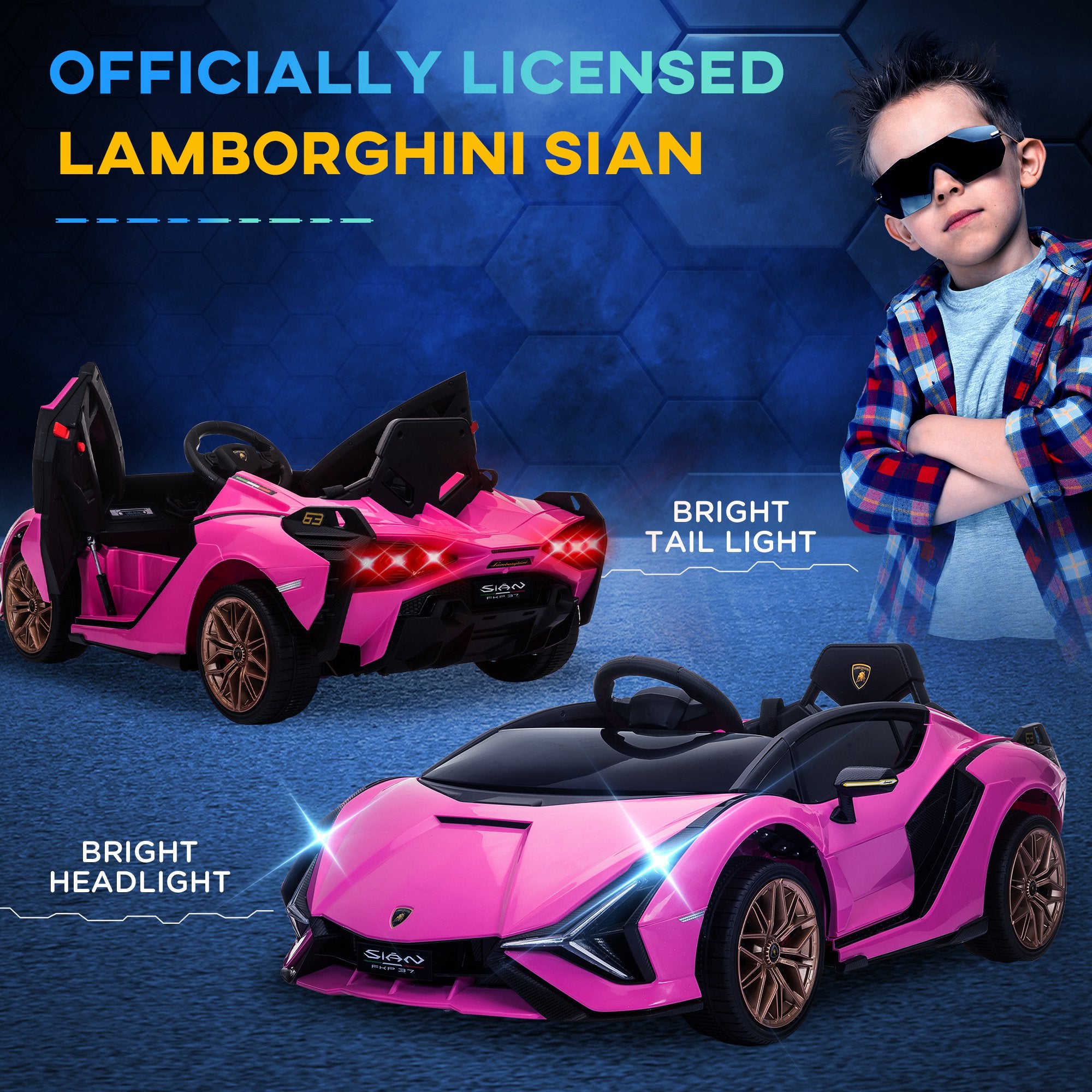 Compatible 12V Battery-powered Kids Electric Ride On Car Lamborghini SIAN Toy with Parental Remote Control Lights MP3 for 3-5 Years Old Pink