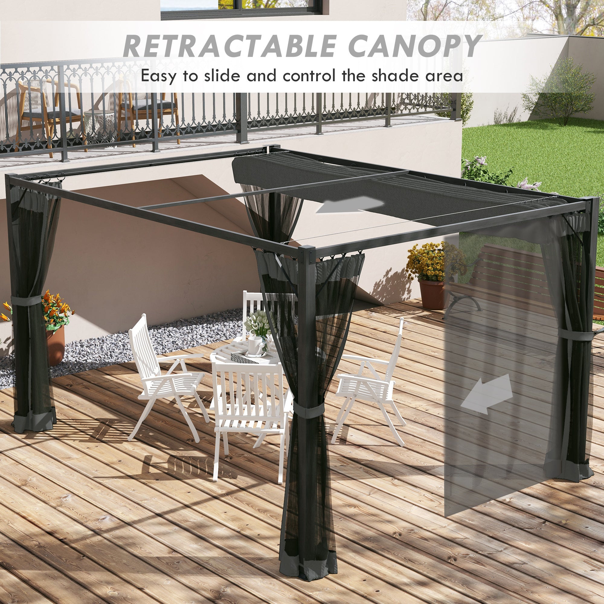 Set of 3 Retractable Pergola Gazebo with Nettings for Outdoor Shade - Dark Grey
