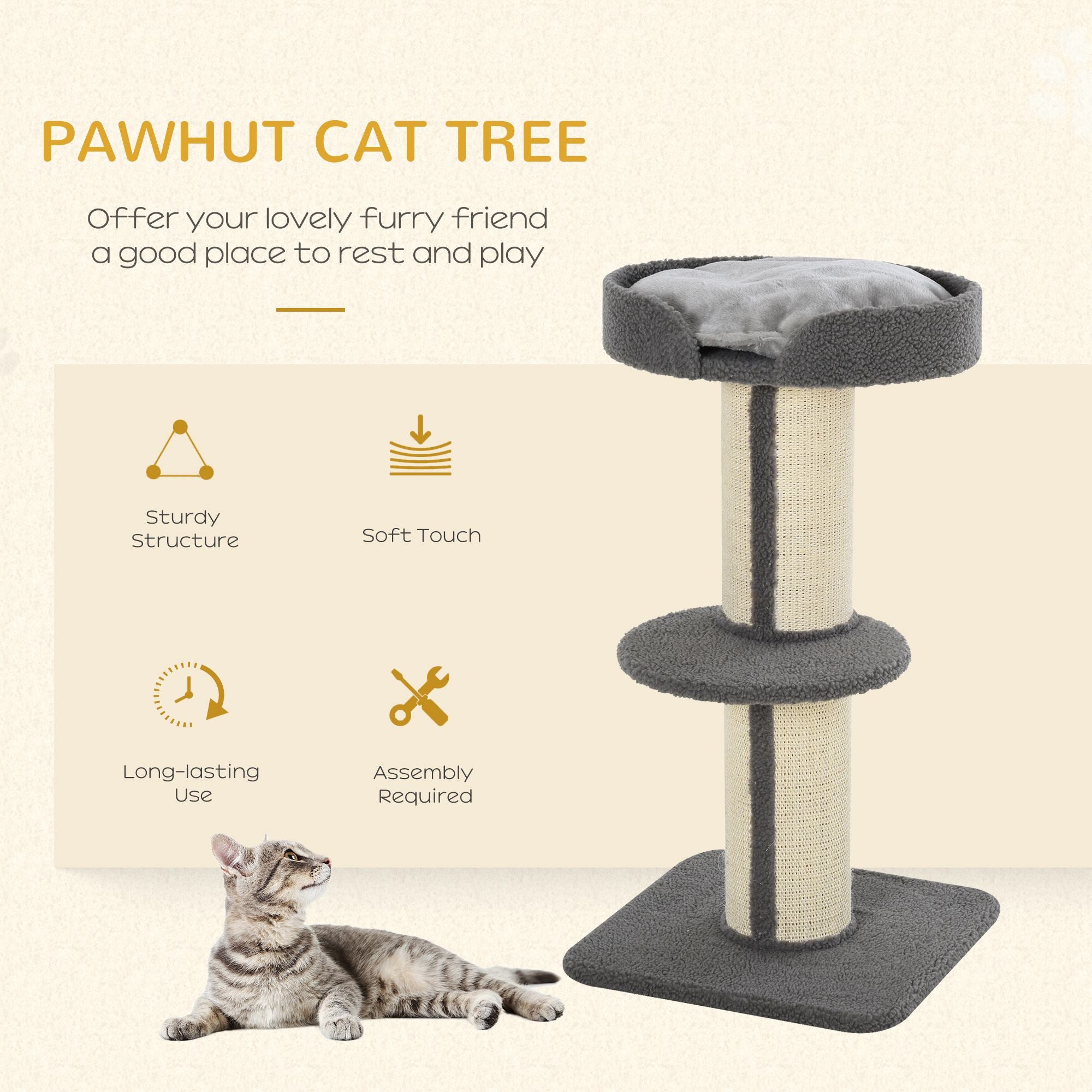 81cm Cat Tree with Sisal Scratching Post, Cat Tower Kitten Activity Center climbing frame with large platform Lamb Cashmere Perch, Grey