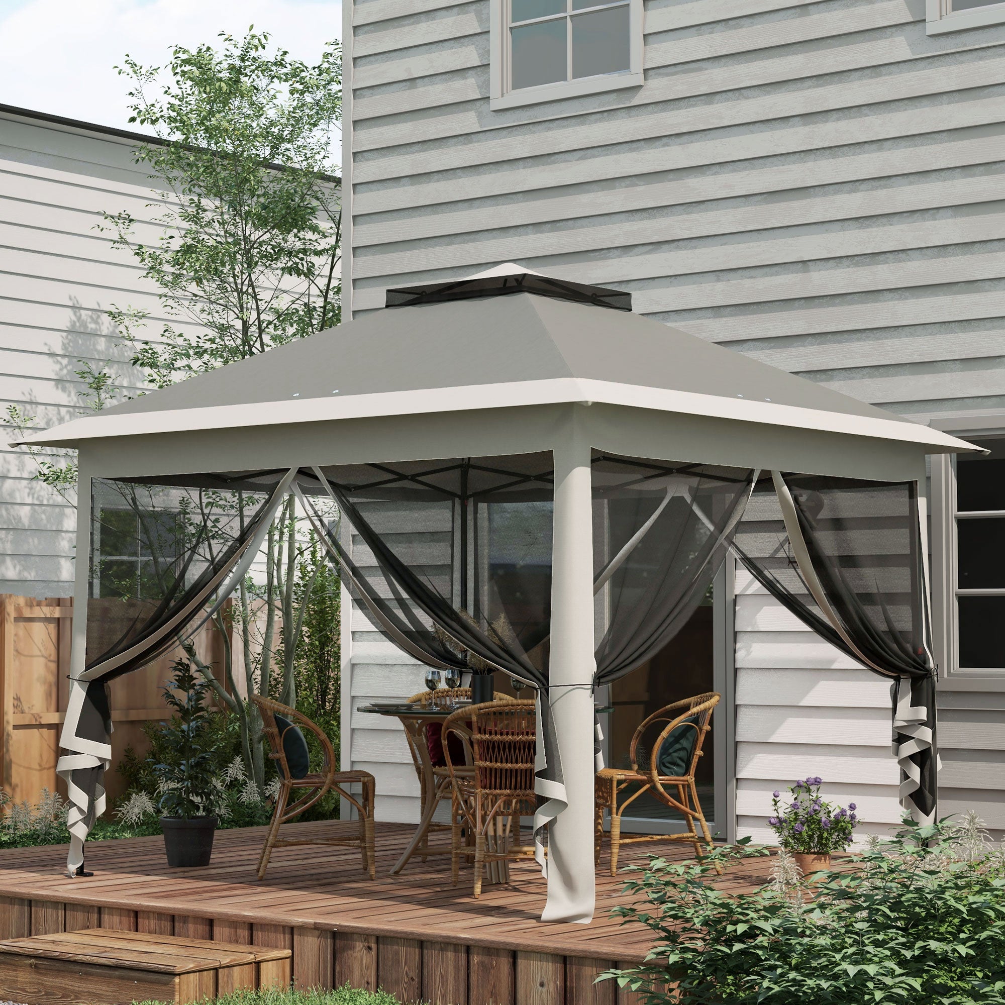 Pop Up Canopy Tent with Double Roof, Zipped Mesh Sidewalls, Carrying Bag, Height Adjustable for Patio Garden, Dark Grey