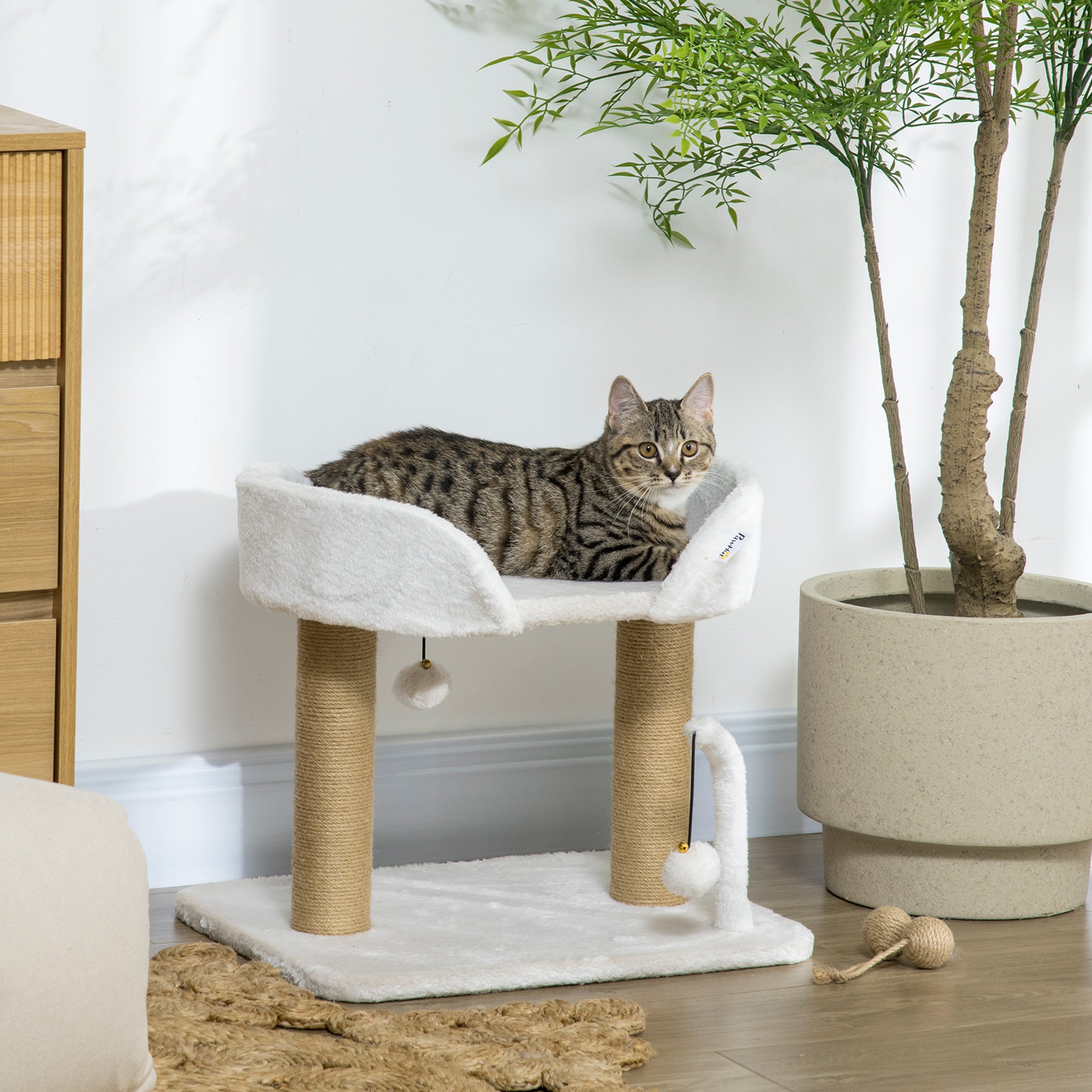 42cm Indoor Cat Tree, Small Cat Tree with Sisal Scratching Post Kitten Bed with Toy Balls, Climbing Tower Bedding, White