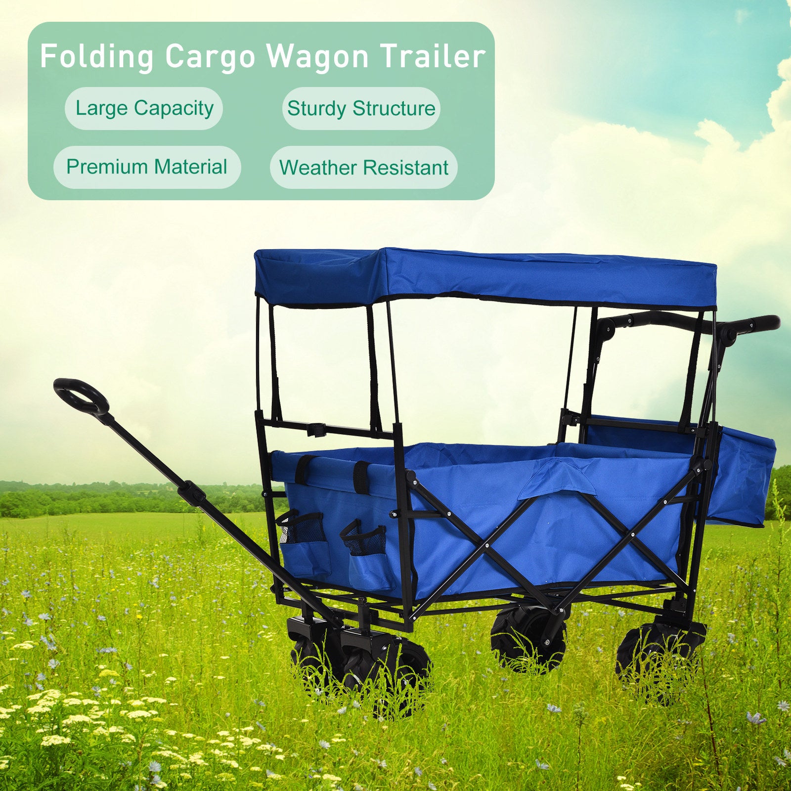 Folding Trolley Cart Storage Wagon Beach Trailer 4 Wheels with Handle Overhead Canopy Cart Push Pull For Shopping Camping Garden - Blue