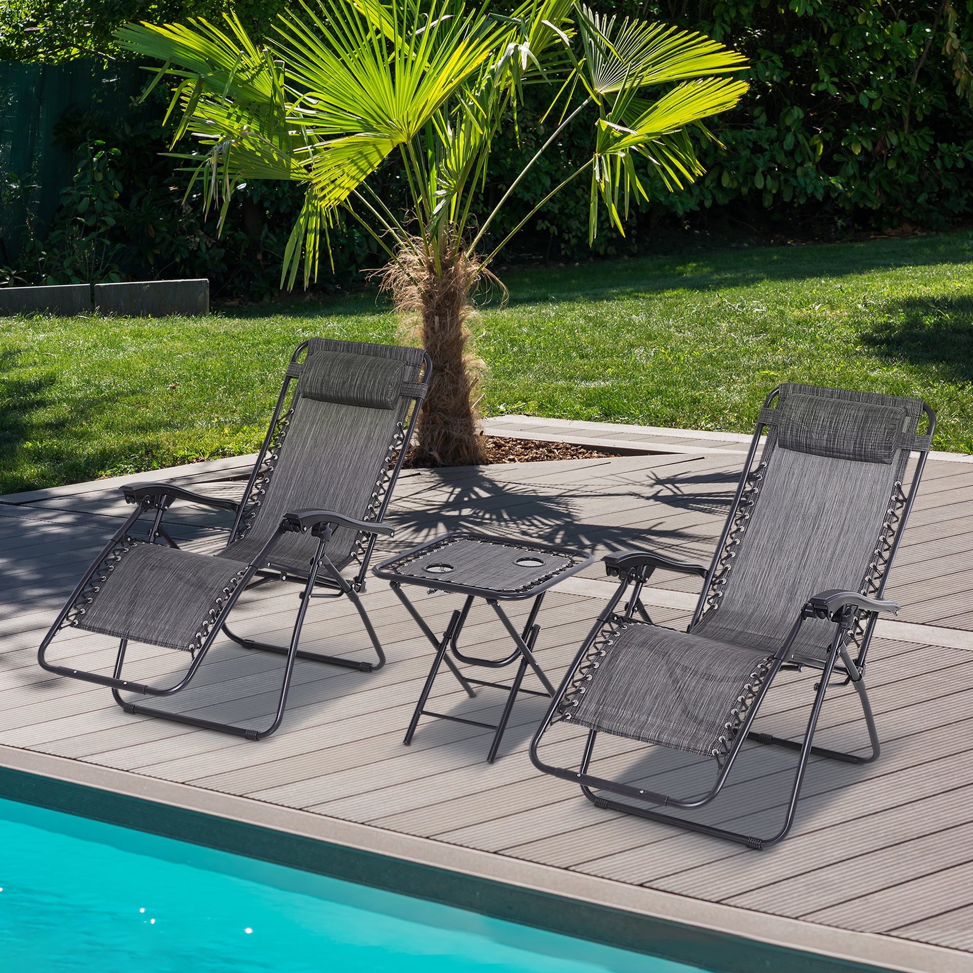 3pcs Folding Zero Gravity Chairs Sun Lounger Table Set w/ Cup Holders Reclining Garden Yard Pool, Light Grey