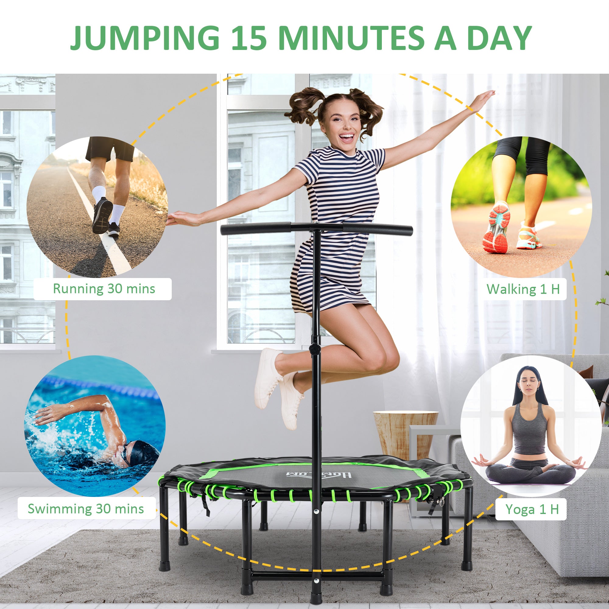 48" Octagonal Foldable Fitness Rebounder Trampoline with Adjustable Handle - Green