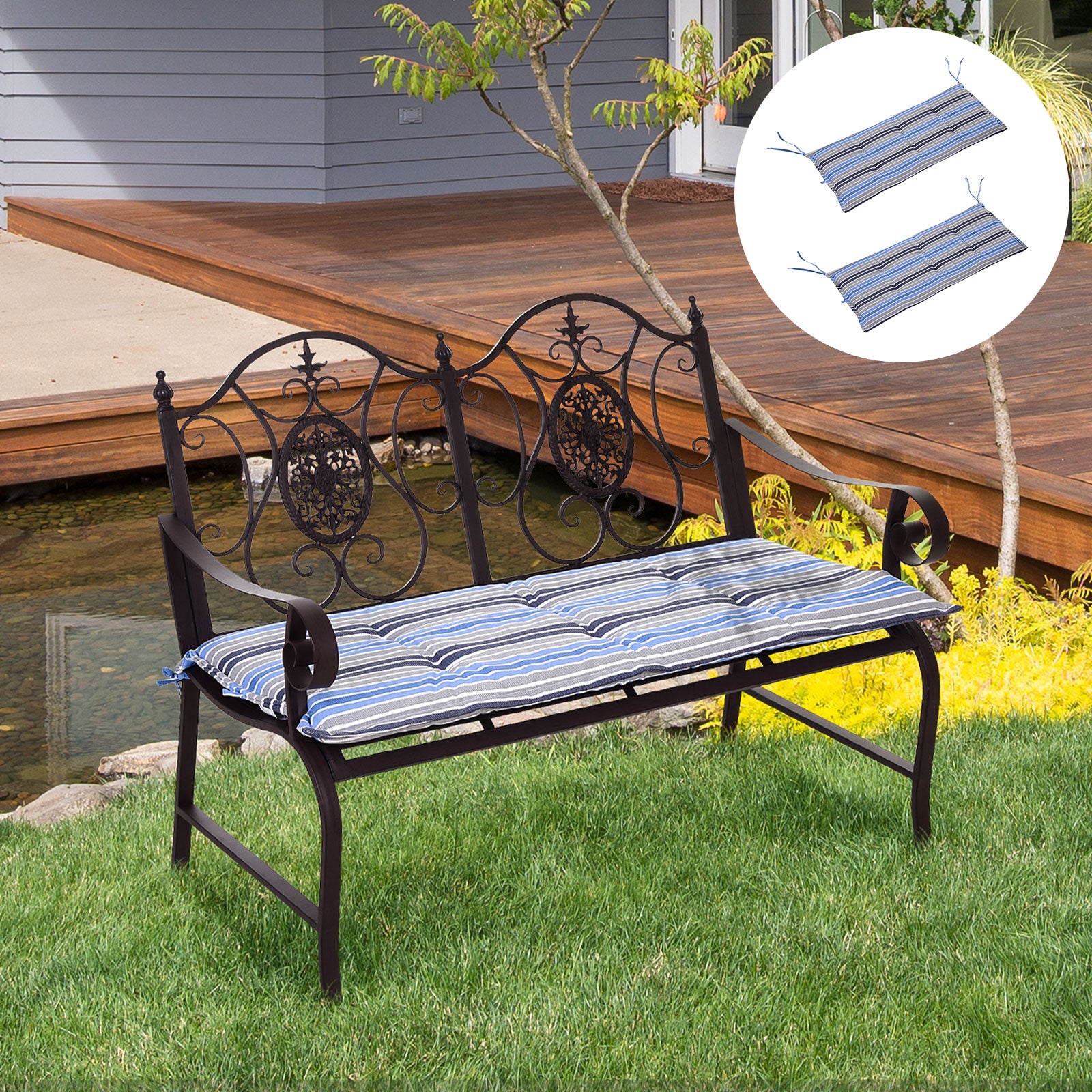 Set of 2 Outdoor Garden Patio 2-3 Seater Bench Swing Chair Cushion Seat Pad Mat Replacement 120L x 50W x 5T cm - Blue Stripes