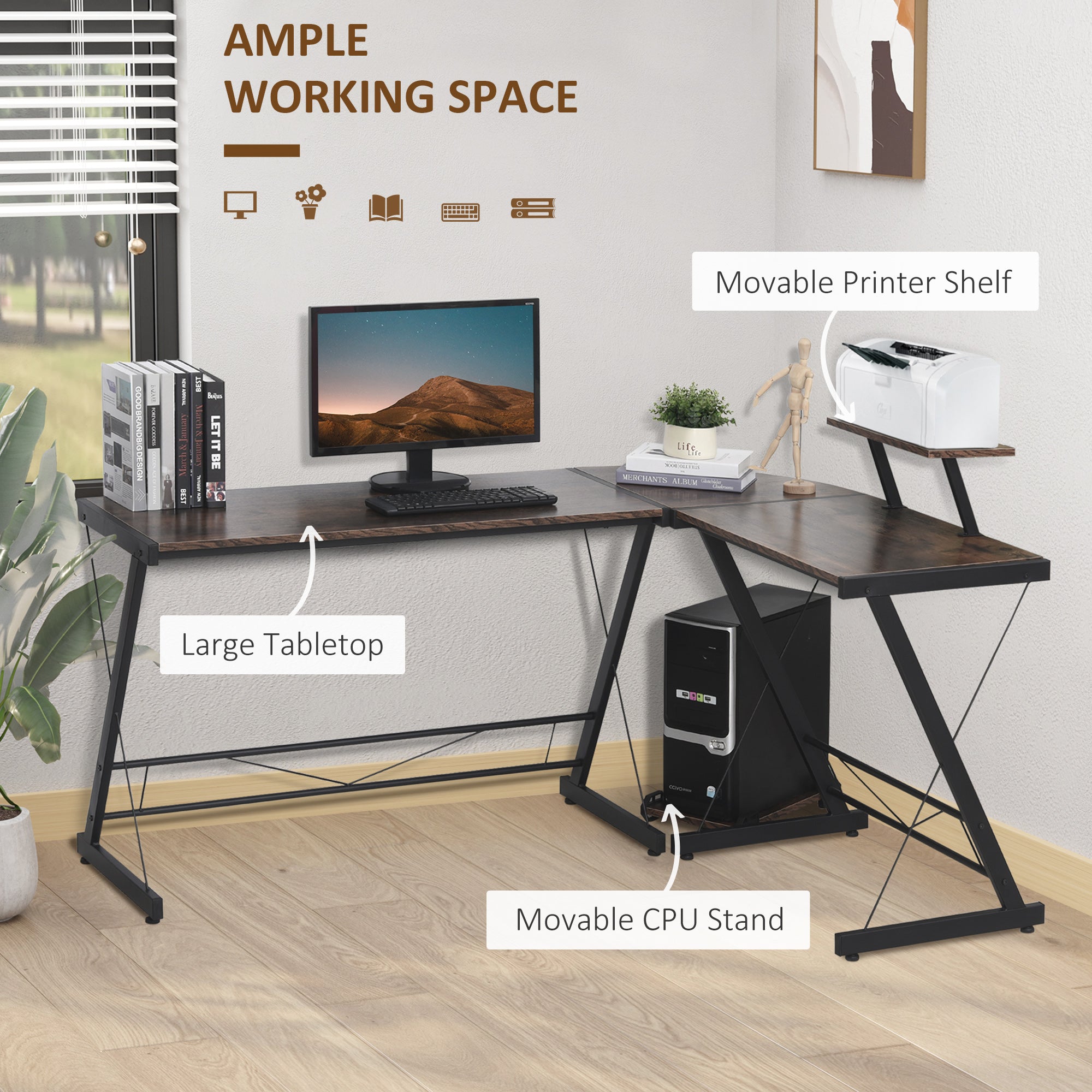 L Shaped Office Desk Round Corner Gaming Table Workstation with Storage Shelf, CPU Stand for Home Office