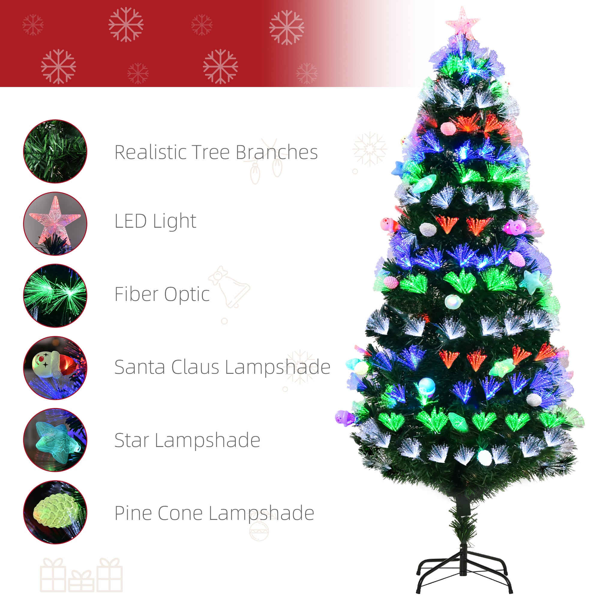 6FT Pre-Lit Artificial Christmas Tree w/ Fibre Optic Baubles Fitted Star LED Light Holiday Home Xmas Decoration-Green