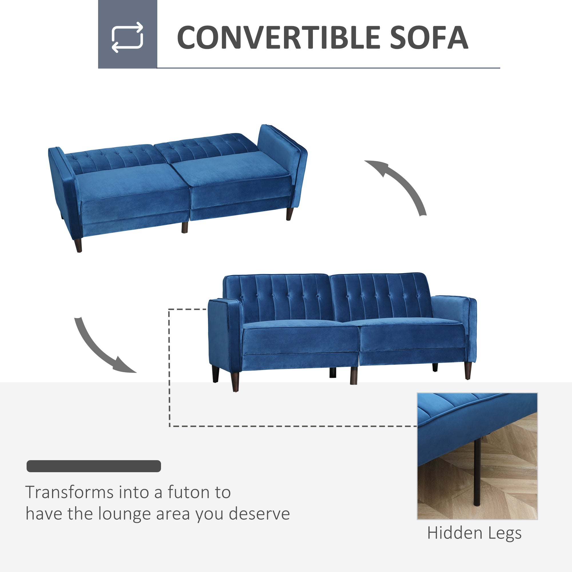 Modern Convertible Sofa Futon Velvet-Touch Tufted Couch Compact Loveseat with Adjustable Split Back, Blue