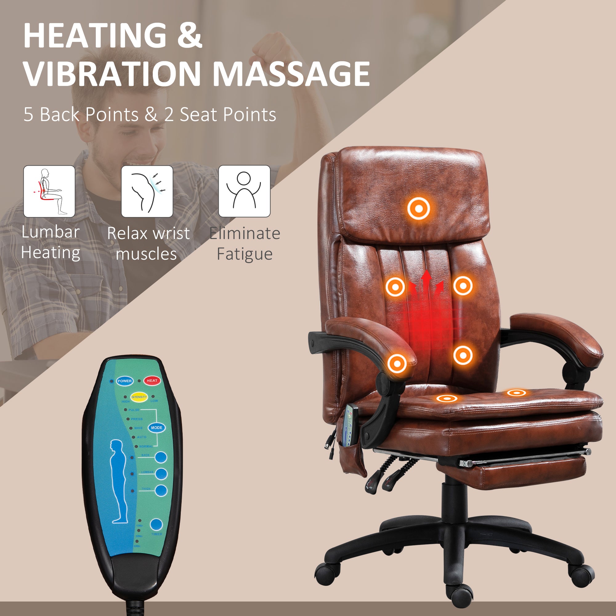 High Back Office Chair, Gaming Recliner Chair with Footrest, 7 Massage Points, Adjustable Height, Reclining Back, PU Leather, Brown