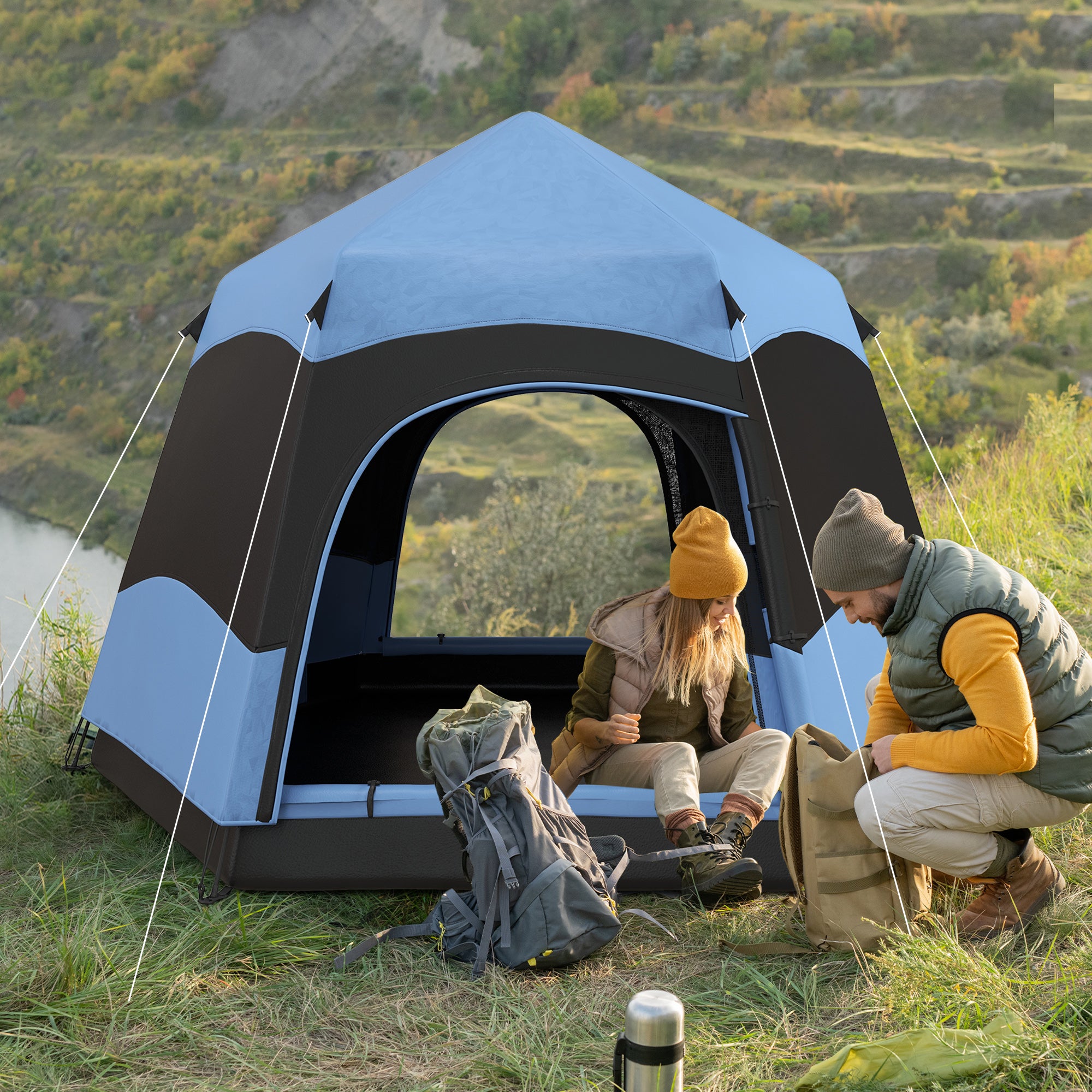 4-Person Double Layer Hexagon Dome Pop Up Camping Tent with Rainfly and Welded Floor - Blue and Black