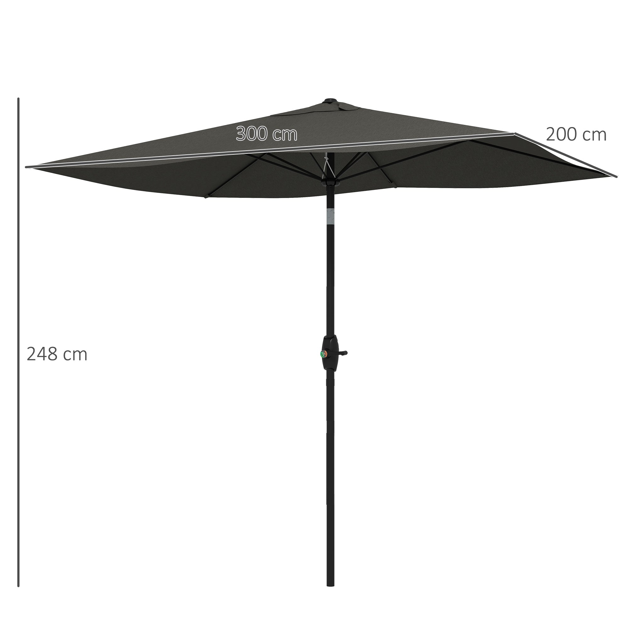 2 x 3(m) Garden Parasol Umbrella, Rectangular Outdoor Market Umbrella Sun Shade with Crank & Push Button Tilt, 6 Ribs, Aluminium Pole