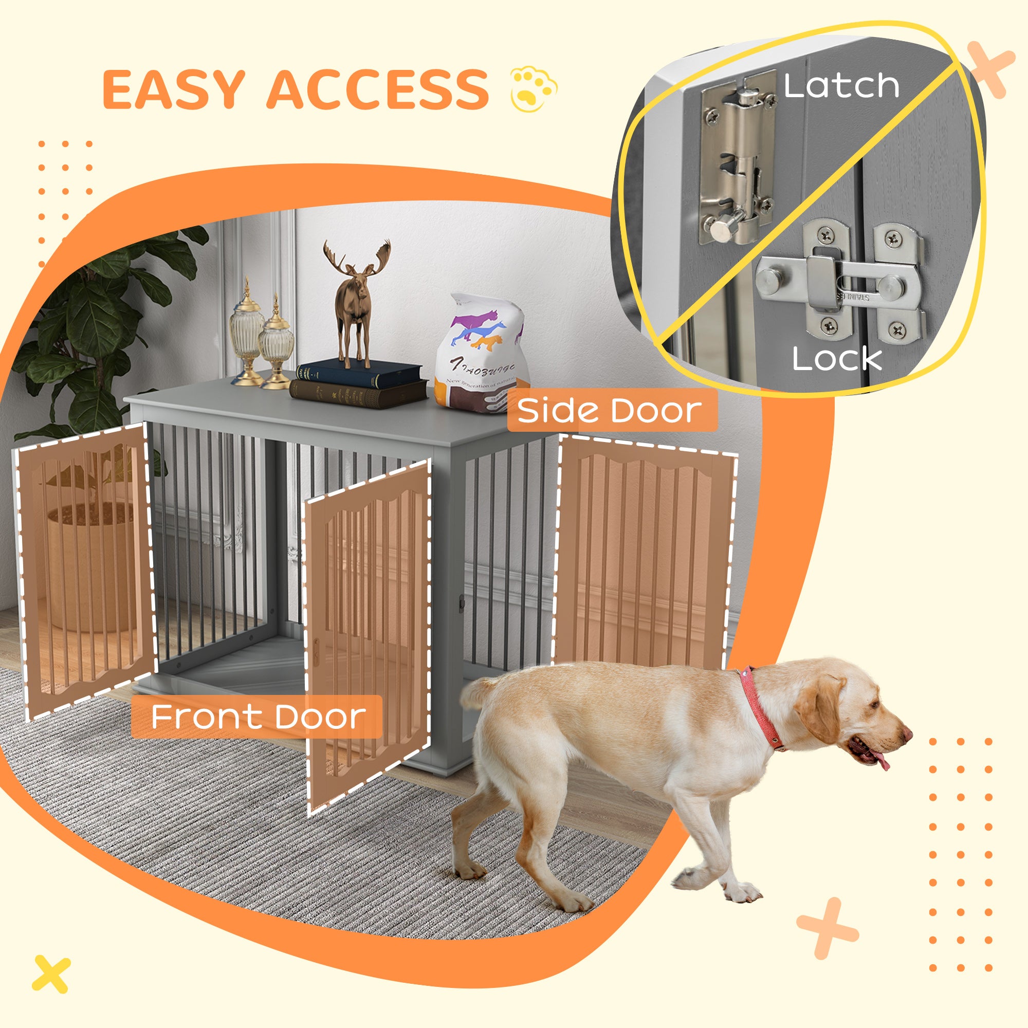 Dog Crate End Table w/ Three Doors, Furniture Style Dog Crate, for Big Dogs, Indoor Use w/ Locks and Latches - Grey