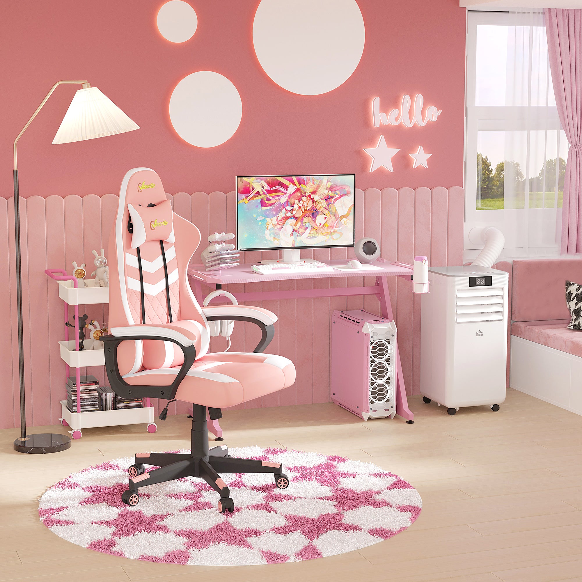 Racing Gaming Chair with Lumbar Support, Headrest, Swivel Wheel, PVC Leather Gamer Desk Chair for Home Office, Pink