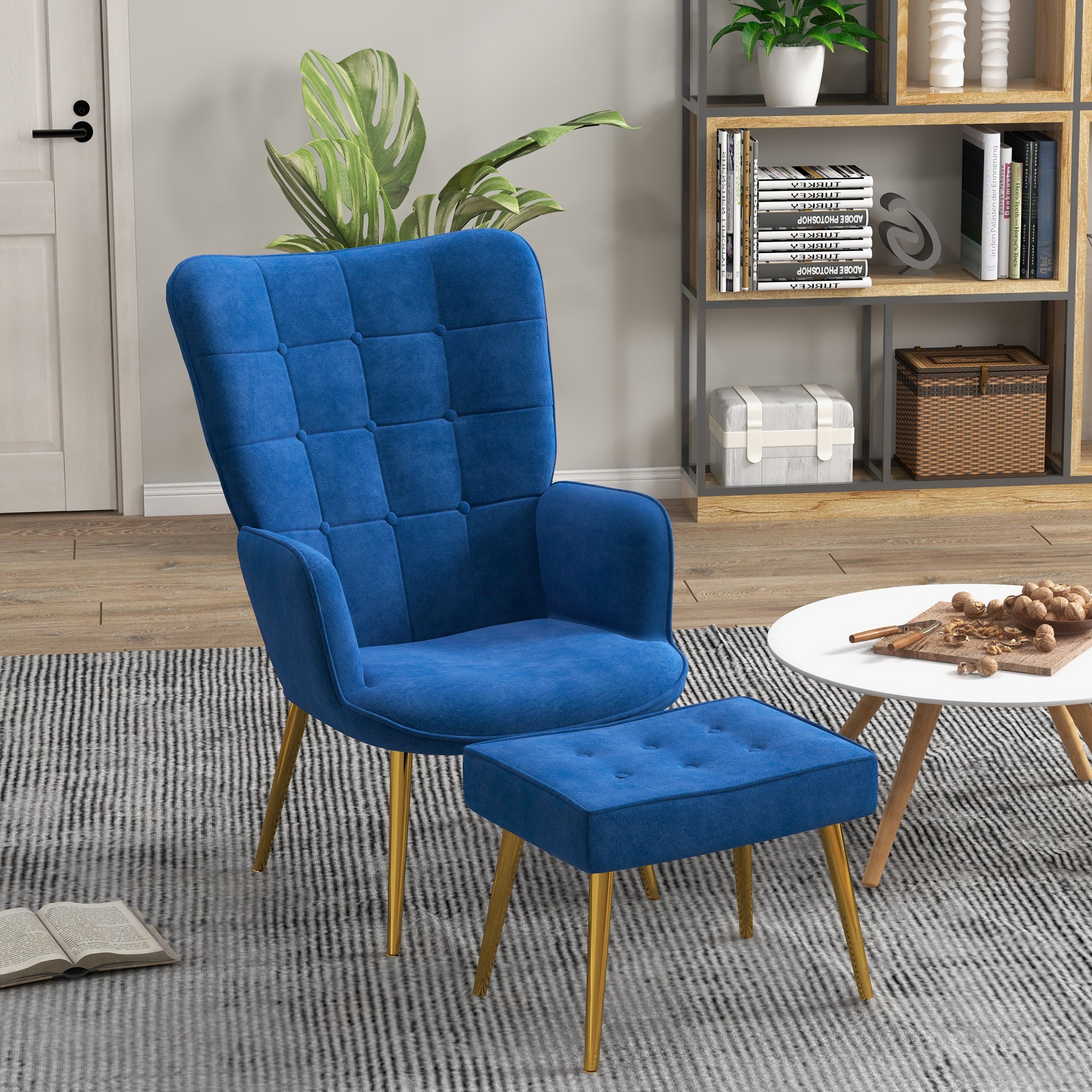 Upholstered Armchair w/ Footstool Set, Modern Button Tufted Accent Chair w/ Gold Tone Steel Legs, Wingback Chair, Dark Blue