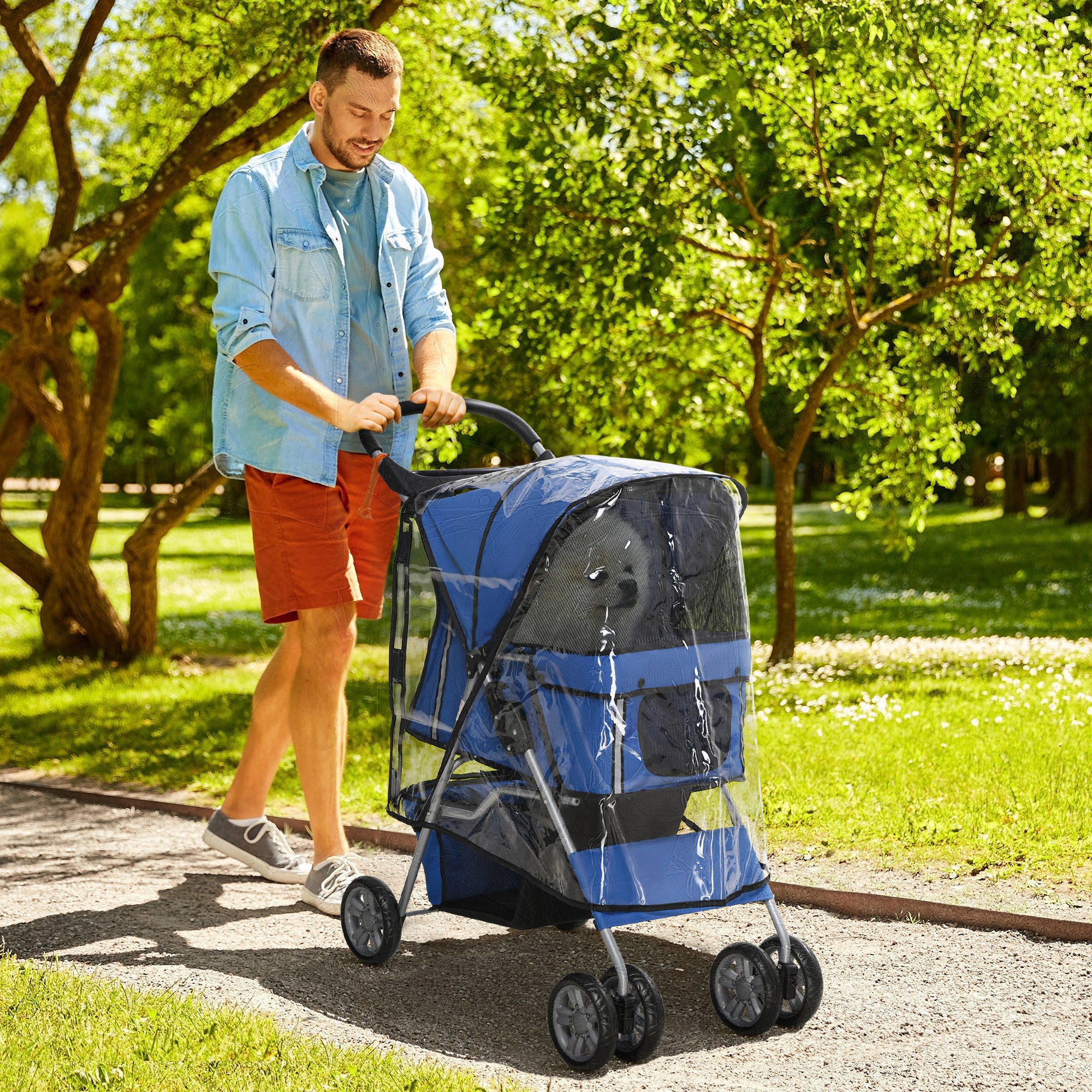 Dog Stroller with Rain Cover for Small Miniature Dogs, Folding Pet Pram with Cup Holder, Storage Basket, Reflective Strips, Blue