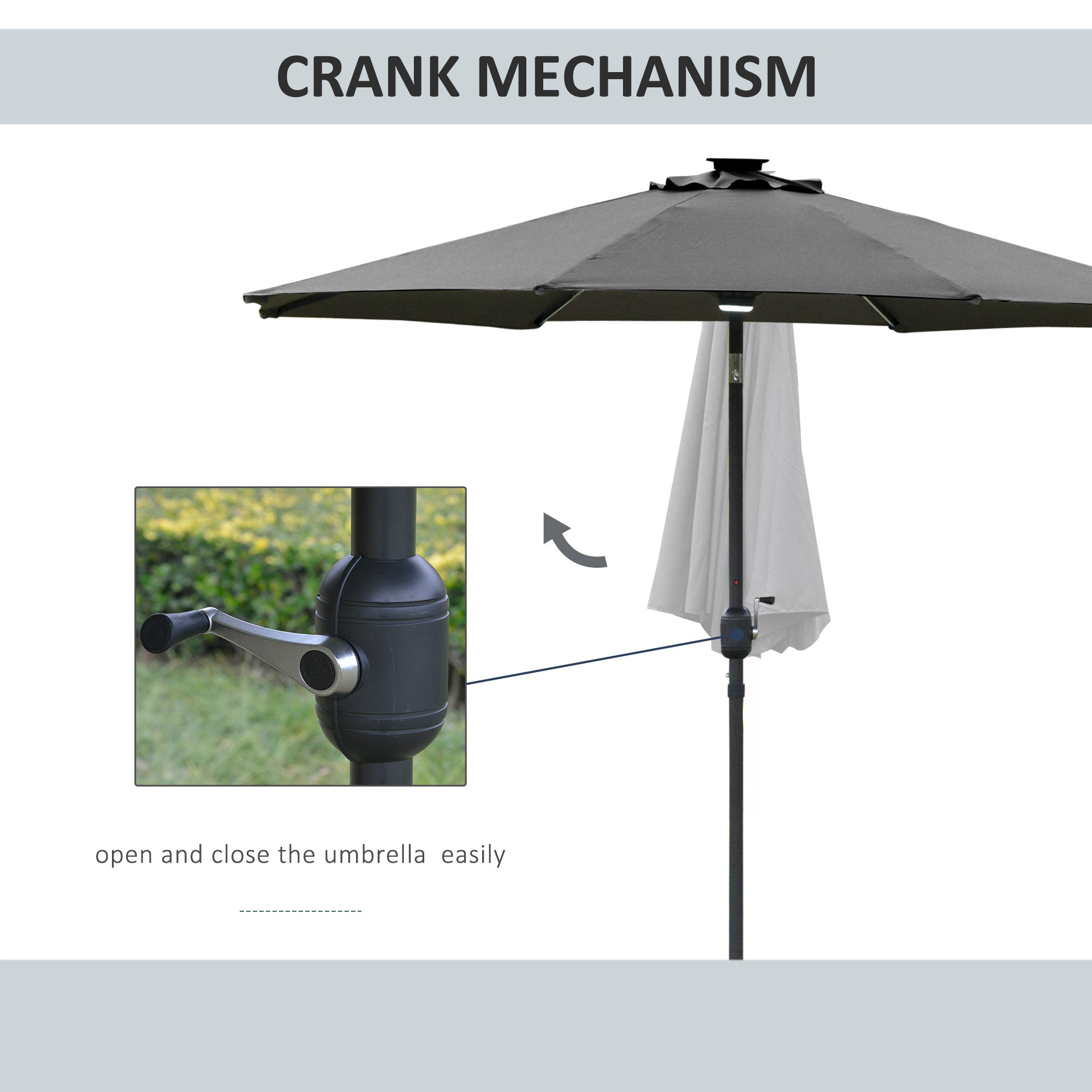 2.7m Garden Parasol with Solar LED Lights and Tilt Grey