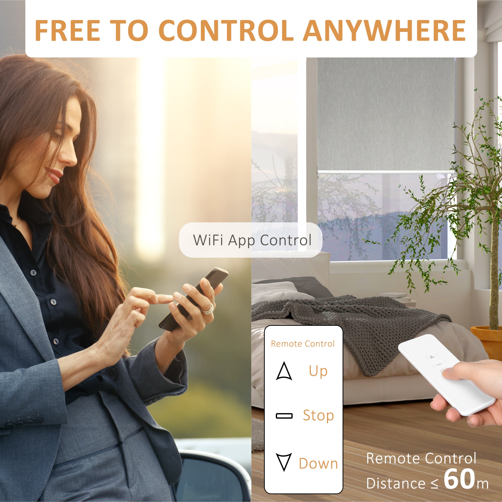 WiFi Smart Roller Blinds Window UV Privacy Protection with Rechargeable Battery, Electric Shades Blind Easy Fit Home Office, Grey, 80 x 180cm