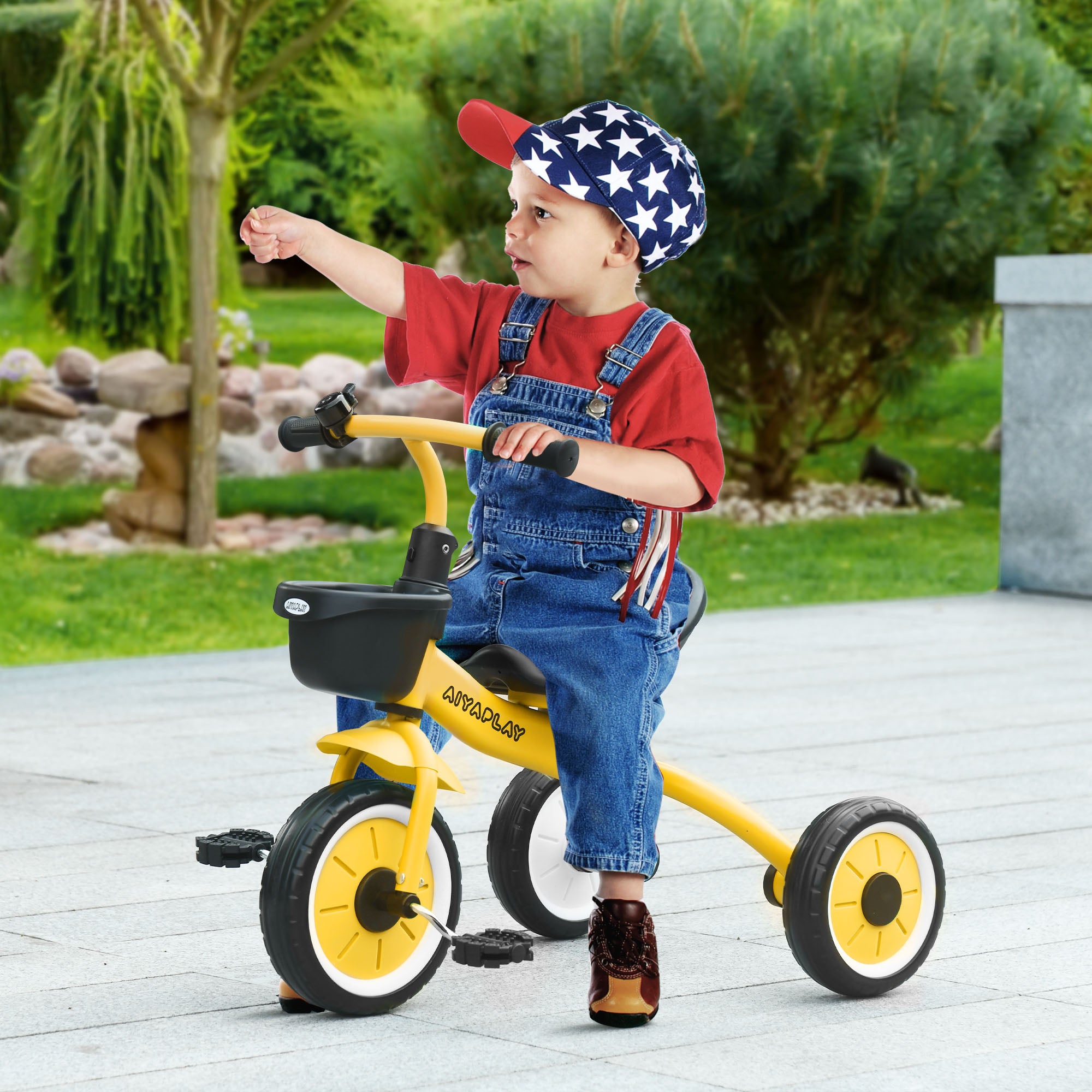 Kids Trike, Tricycle, with Adjustable Seat, Basket, Bell, for Ages 2-5 Years - Yellow