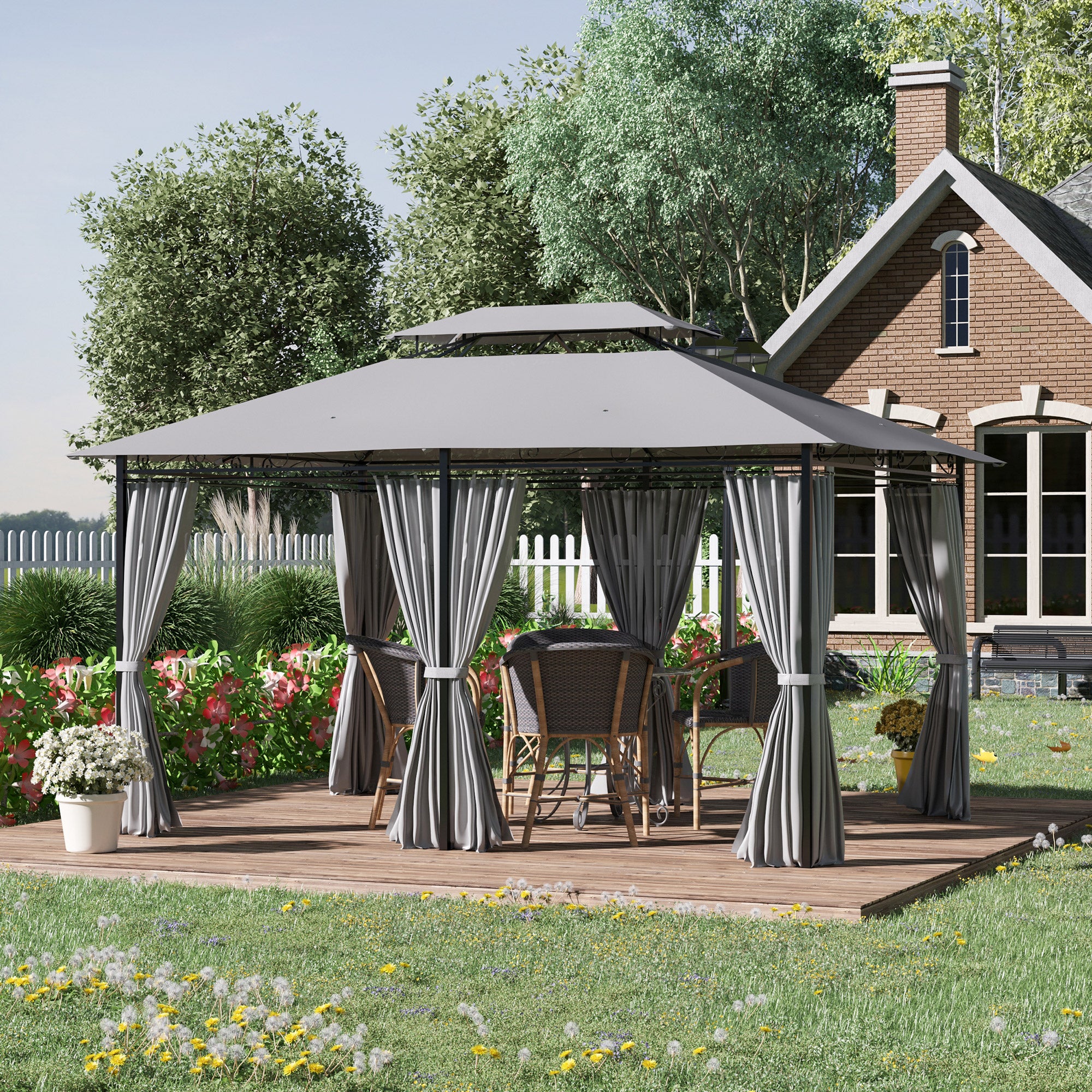 4m x 3(m) Metal Gazebo Canopy Party Tent Garden Pavillion Patio Shelter Pavilion with Curtains Sidewalls, Dark Grey