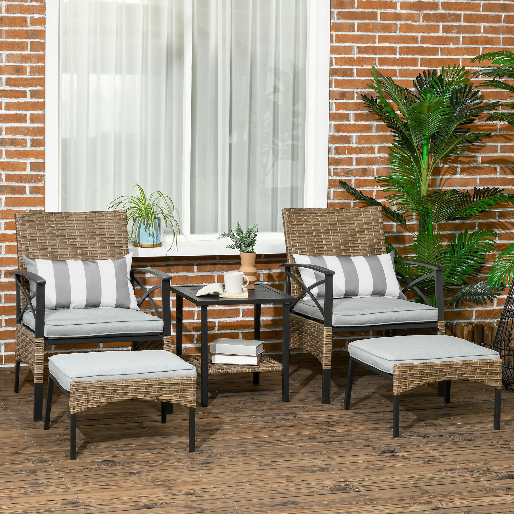 5 Piece PE Rattan Garden Furniture Set, 2 Armchairs, 2 Stools, Steel Tabletop with Wicker Shelf, Padded Outdoor Seating, Grey