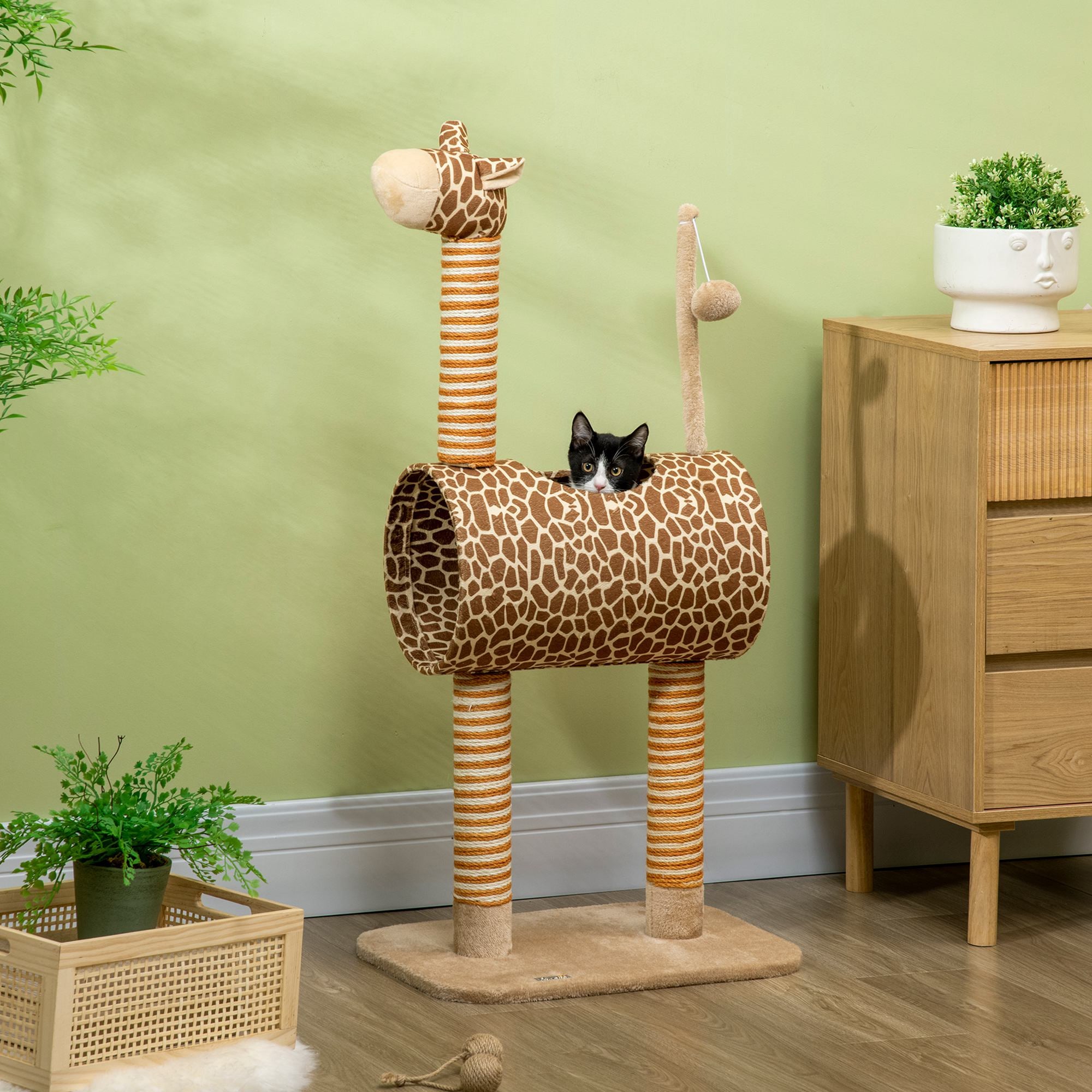 Cat Tree for Indoor Cats Cute Giraffe Kitten Play Tower with Scratching Posts Tunnel Ball Toy, 48.5 x 34.5 x 101 cm