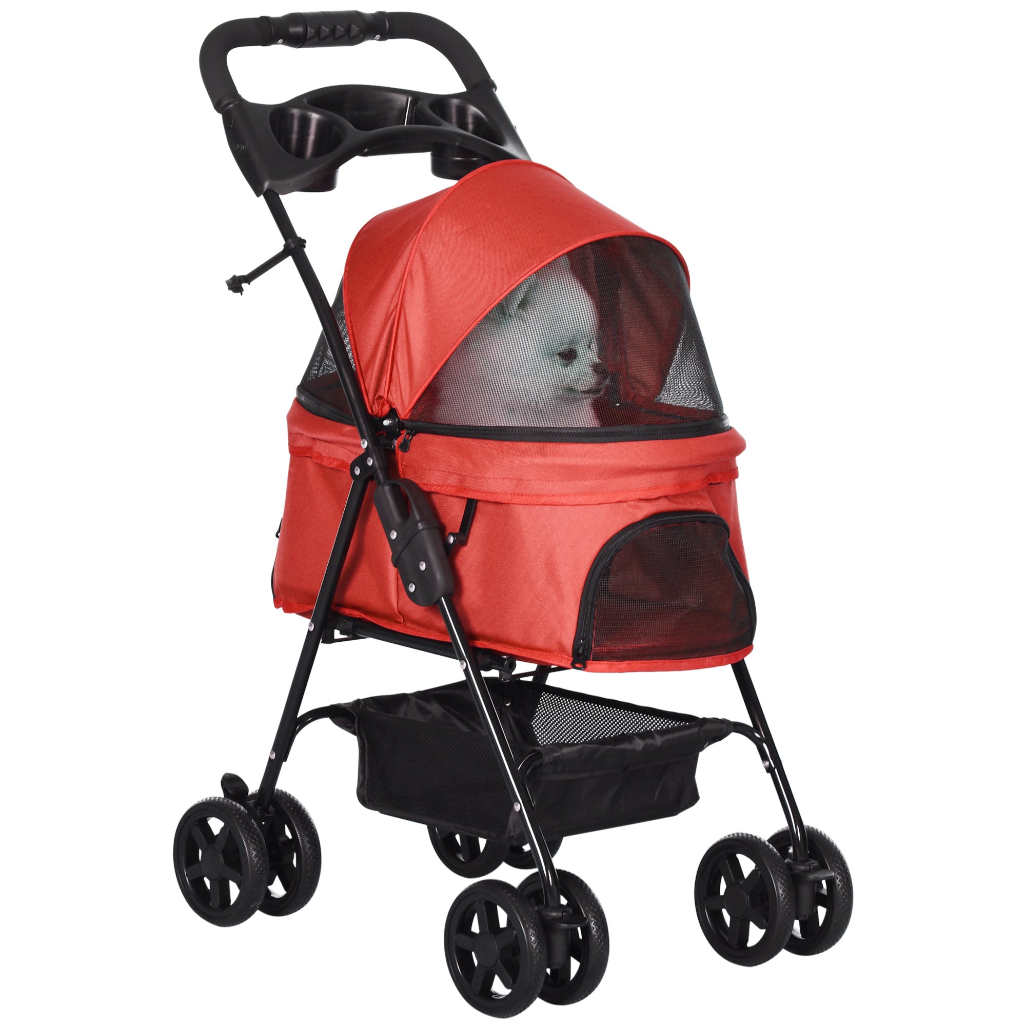 Pet Stroller No-Zip Dog Cat Travel Pushchair Fold Trolley Jogger with EVA Wheels Brake Basket Adjustable Canopy Safety Leash Red