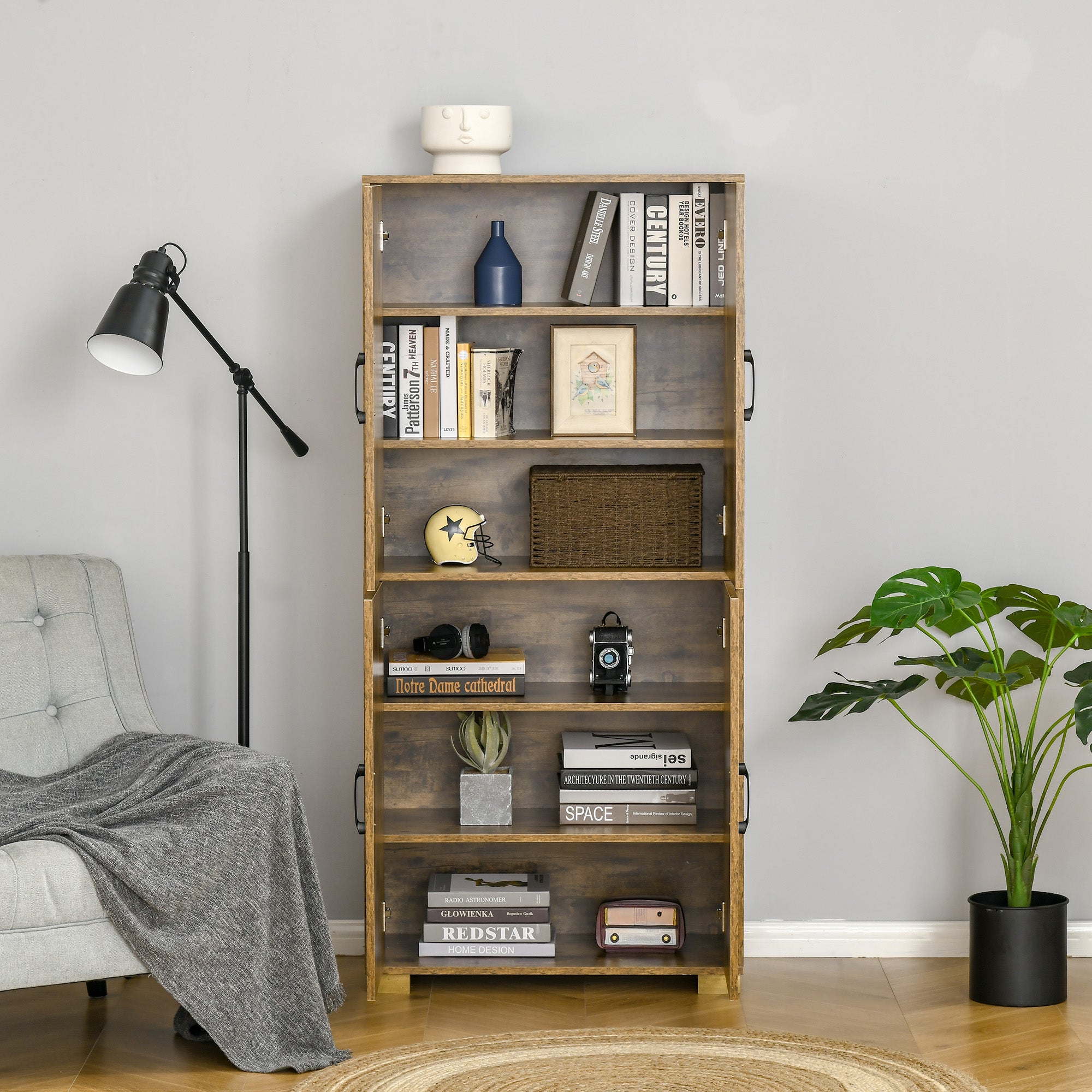 Farmhouse Style Tall Cupboard 4-Door Cabinet with Storage Shelves for Bedroom & Living Room, Rustic Wood Effect