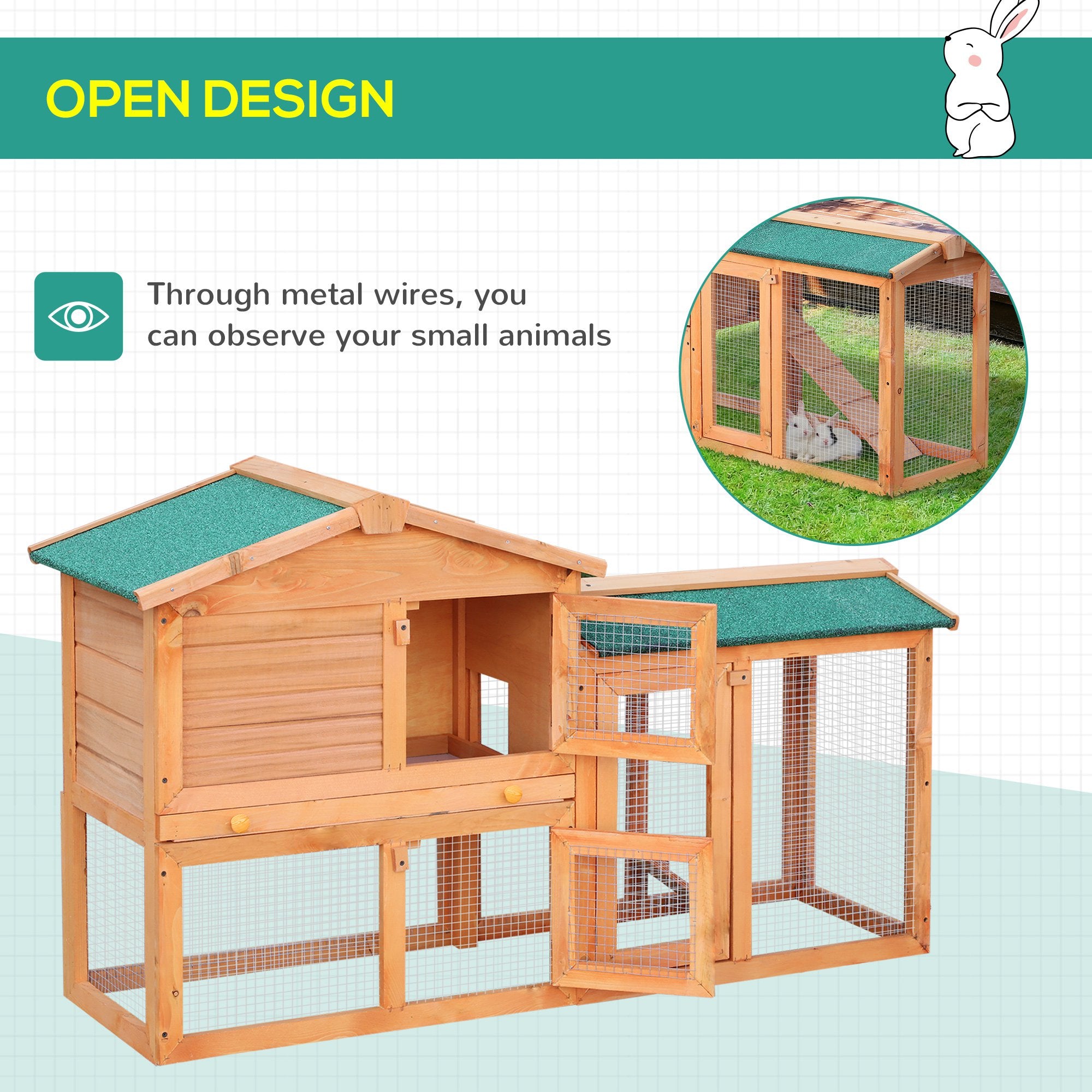 Rabbit 2 Tier Fir Wood Small Animal Hutch w/ Ramp Brown
