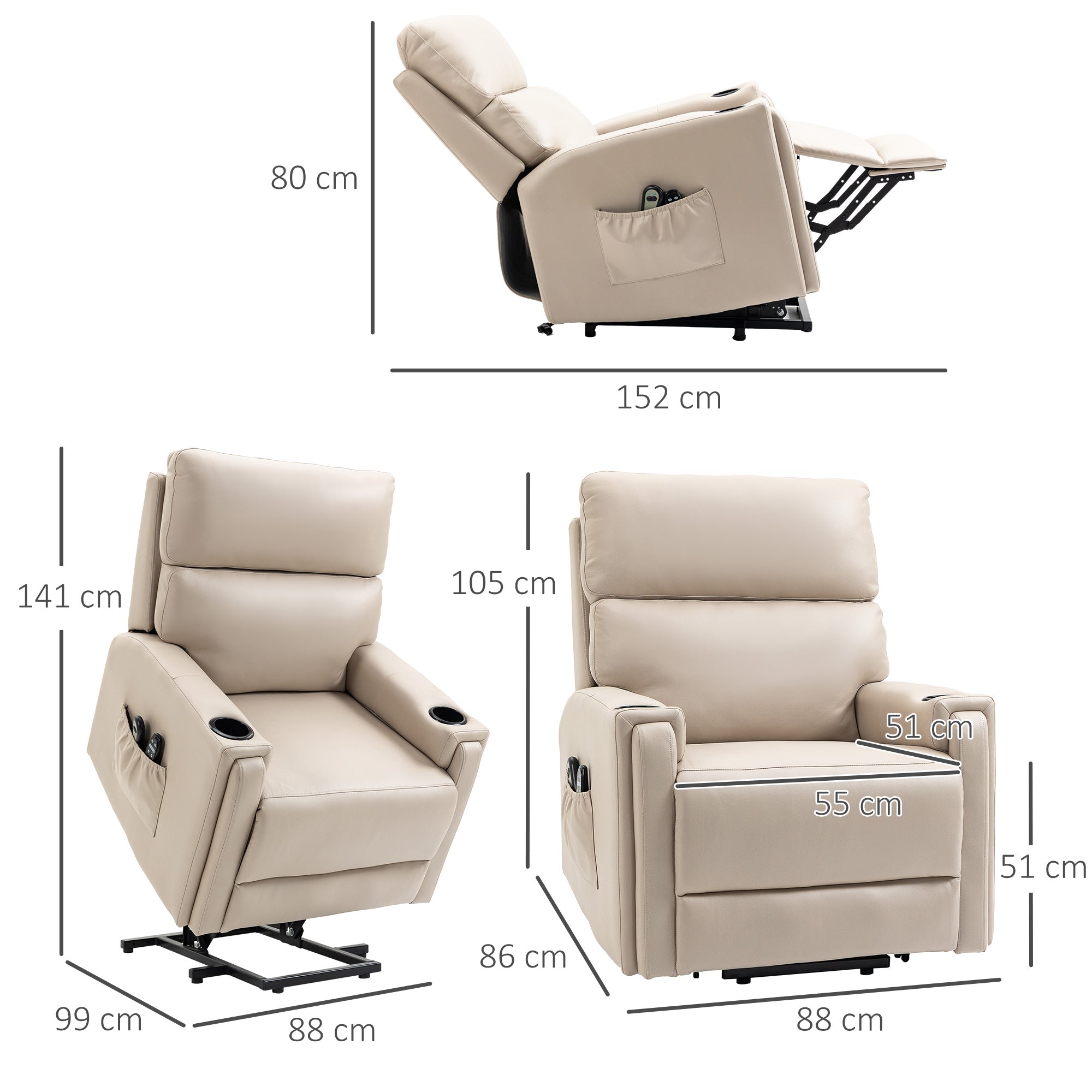 Lift Chair, Electric Riser and Recliner Chair with Vibration Massage, Heat, Cup Holders, Side Pockets, Beige