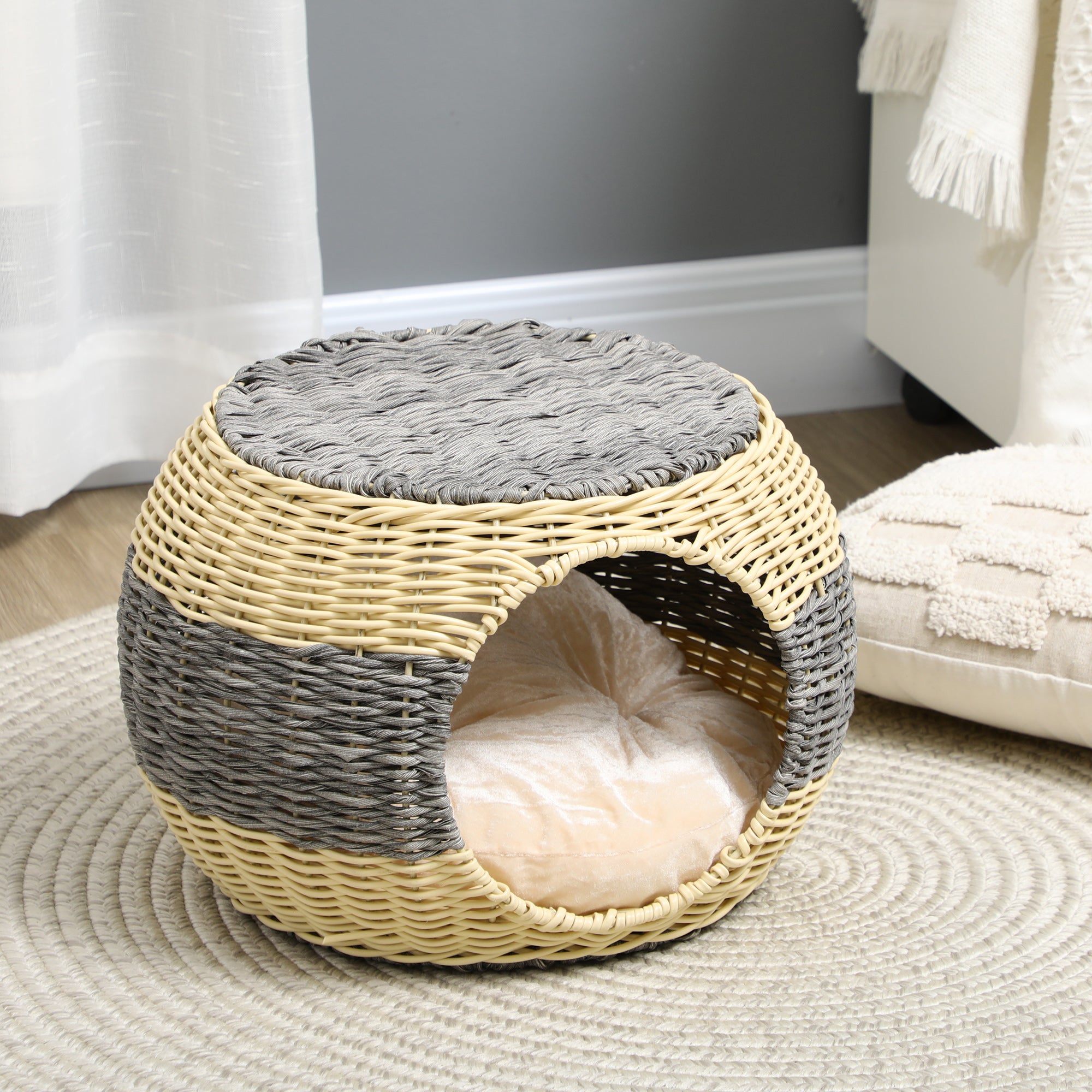 Wicker Cat House, Rattan Raised Cat Bed, Cosy Kitten Cave with Soft Washable Cushion, ?40 x 30cm