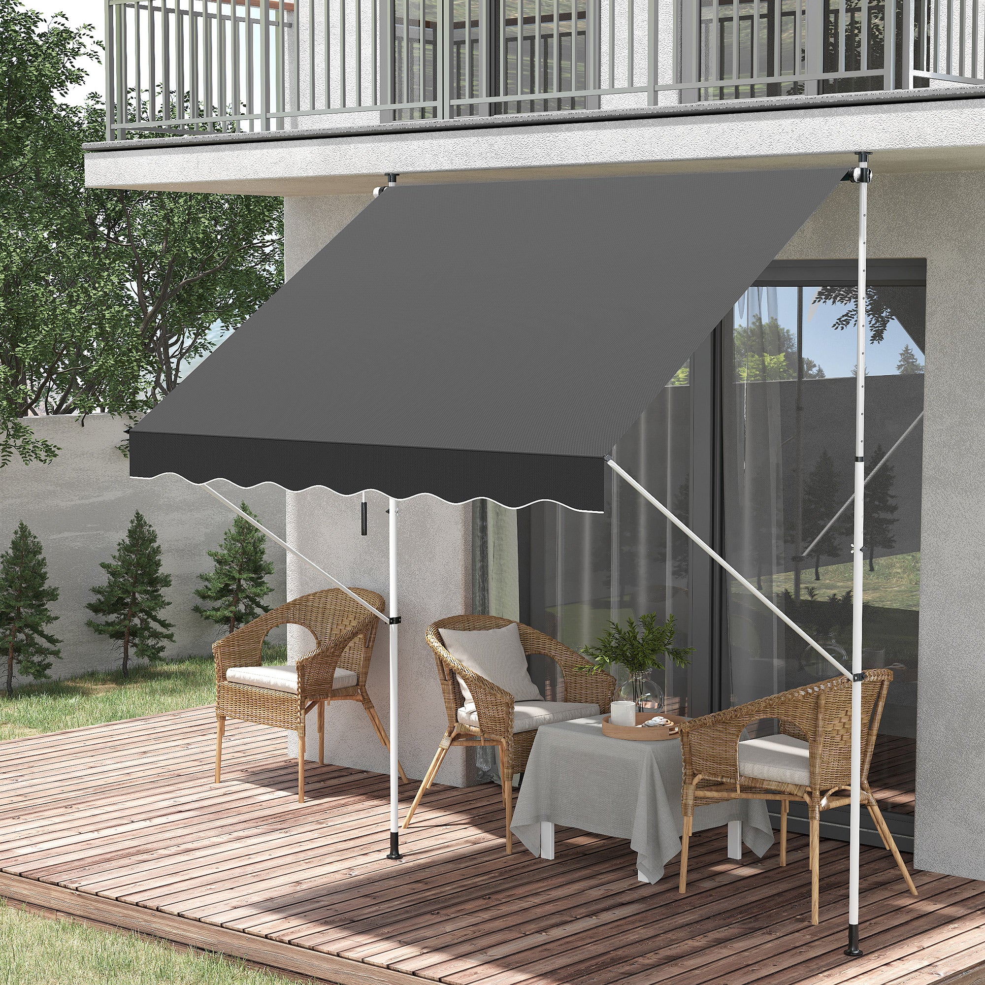 Balcony 2 x 1.5m Manual Adjustable Awning DIY Patio Clamp Awning Canopy Retractable Shade Shelter - Grey