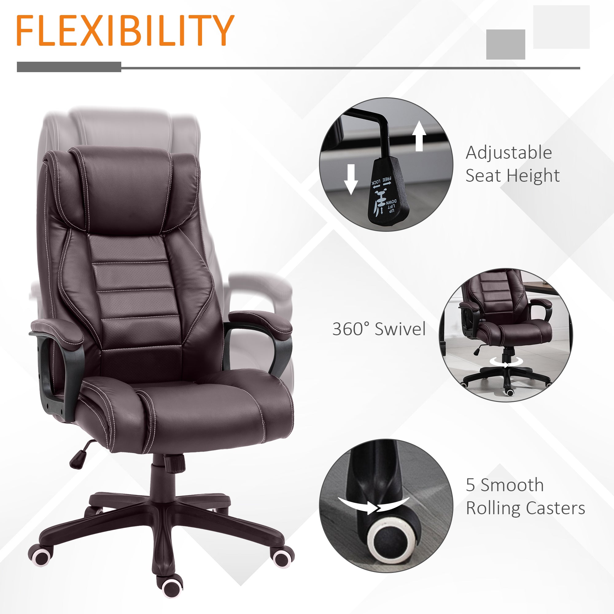 High Back Executive Office Chair 6- Point Vibration Massage Extra Padded Swivel Ergonomic Tilt Desk Seat, Brown