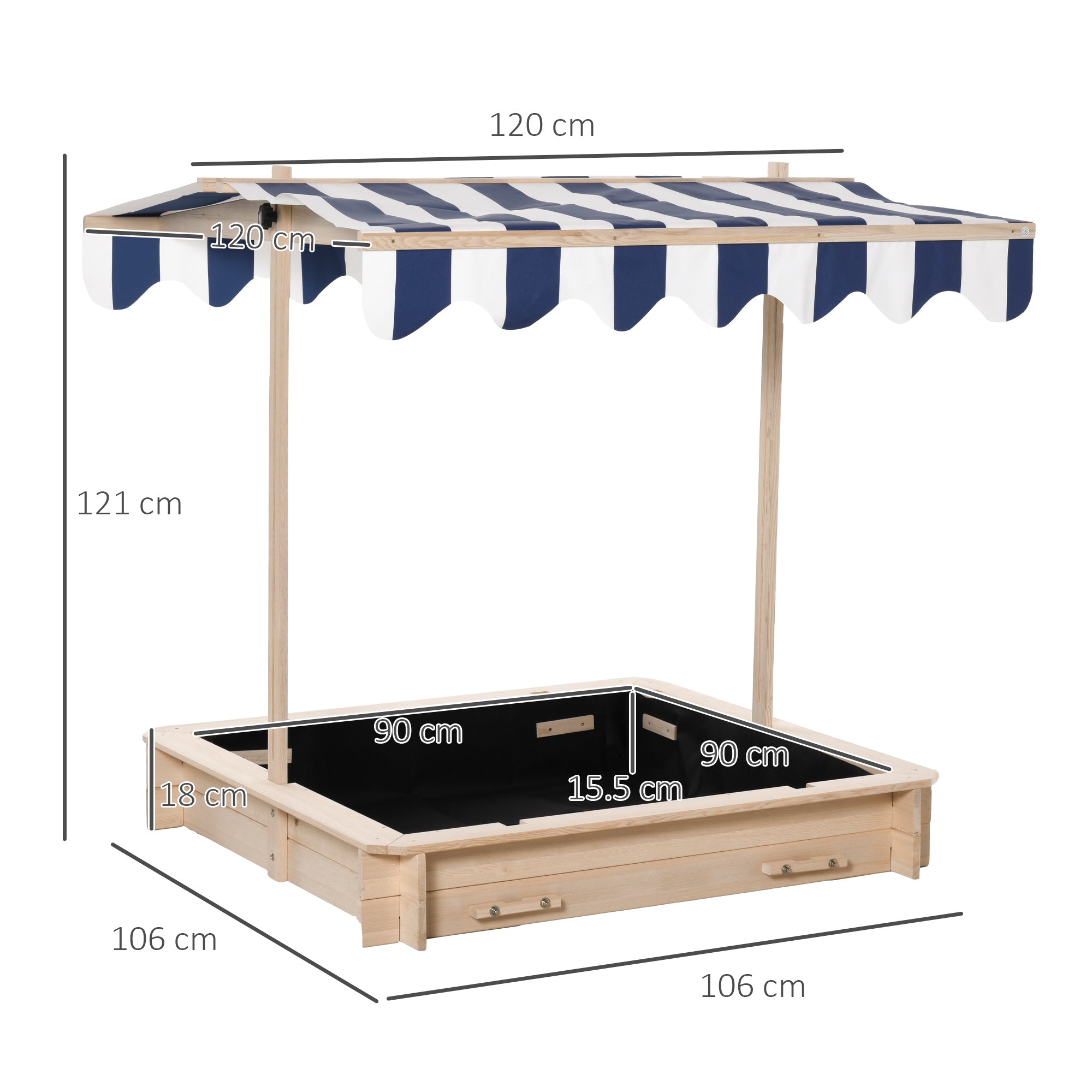 Children Cabana Sandbox Kids Square Wooden Sandpit Outdoor Backyard Playset Play Station Adjustable Canopy, 106x106x121cm