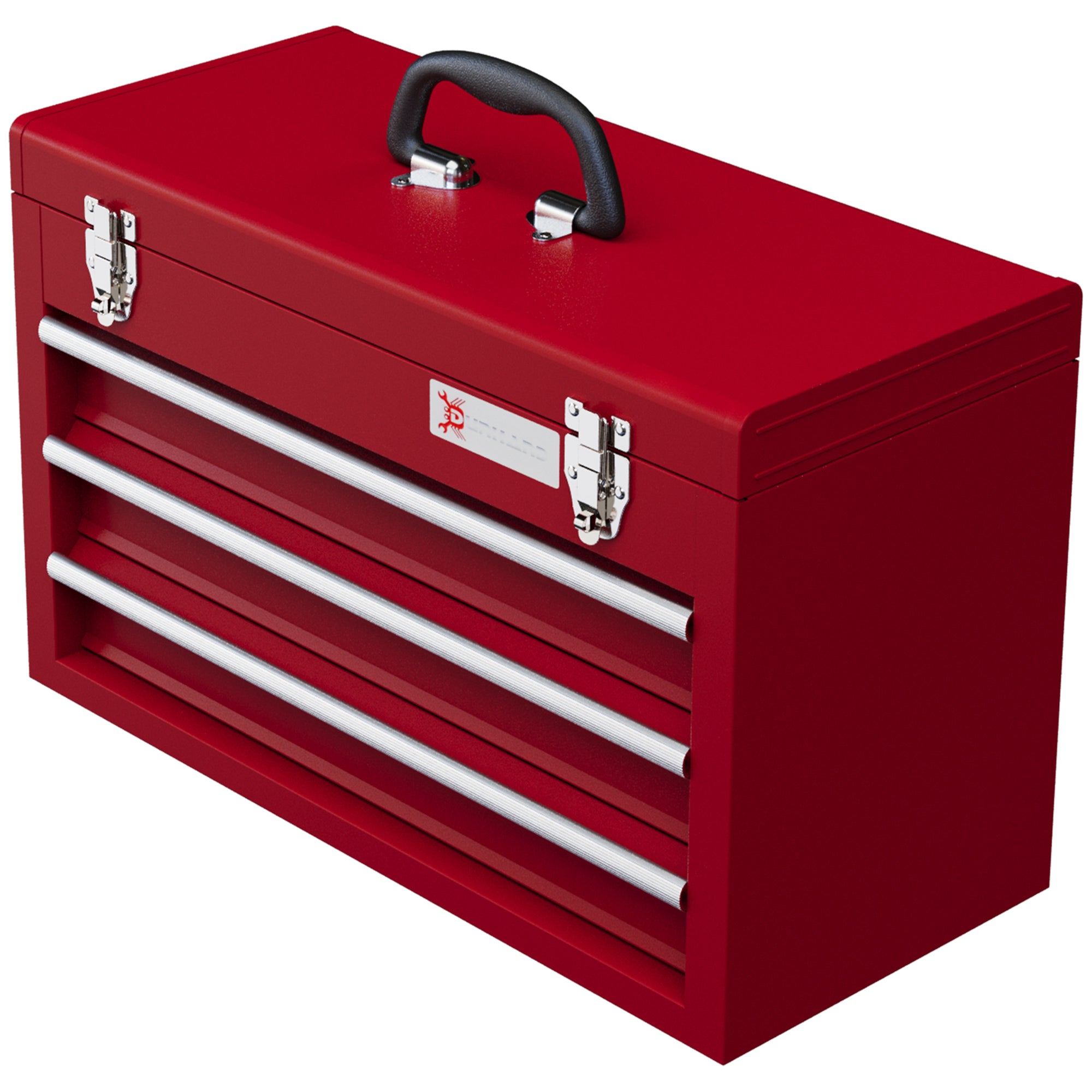 Lockable Metal Tool Box, 3 Drawer Tool Chest with Latches, Handle, Ball Bearing Runners, Red