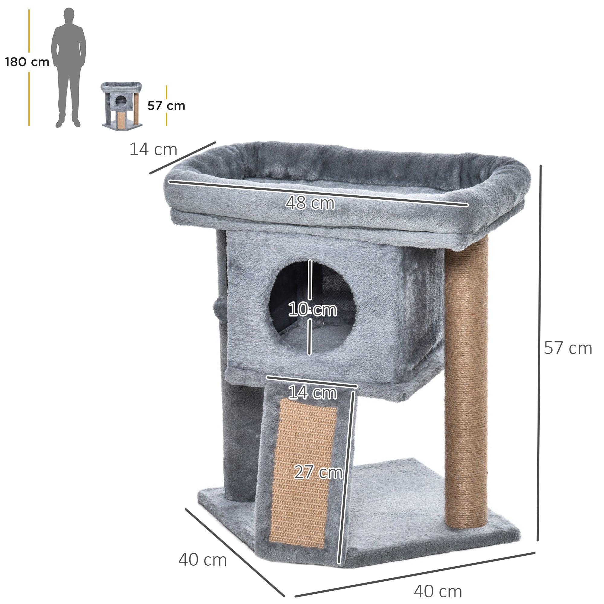 Cat Tree Tower for Indoor Cats Climbing Activity Center Kitten Furniture with Jute Scratching Pad Ball Toy Condo Perch Bed 40 x 40 x 57cm Grey