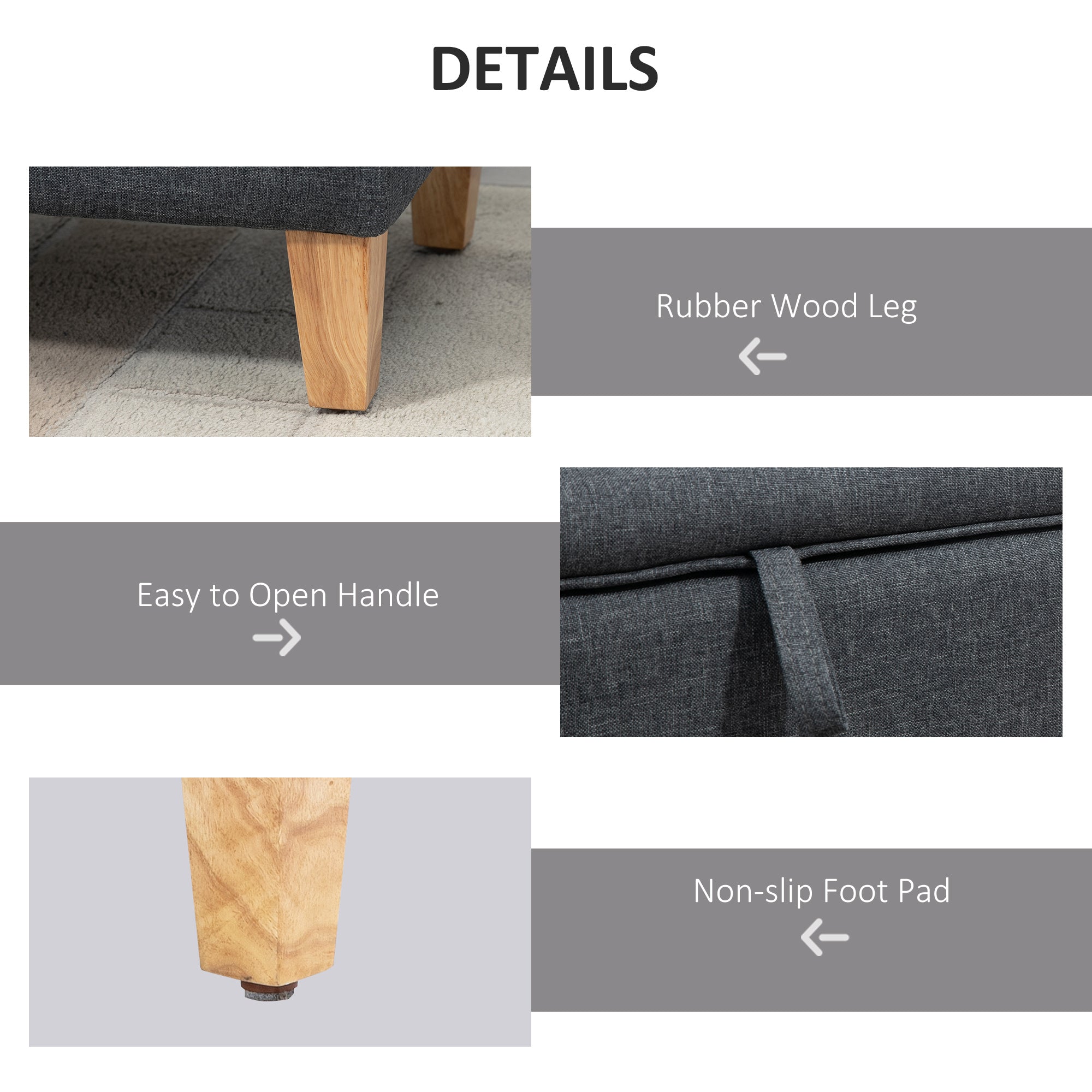 Linen Storage Ottoman Padded Footstool with Rubberwood Legs - Dark Grey