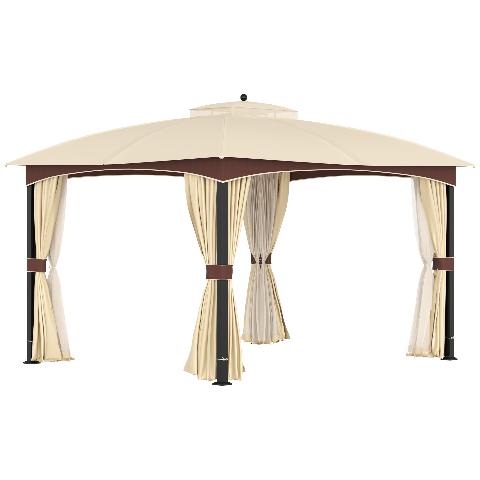 4 x 3(m) Patio Gazebo, Garden Canopy Shelter with Double Tier Roof, Removable Netting and Curtains for Lawn, Poolside, Khaki