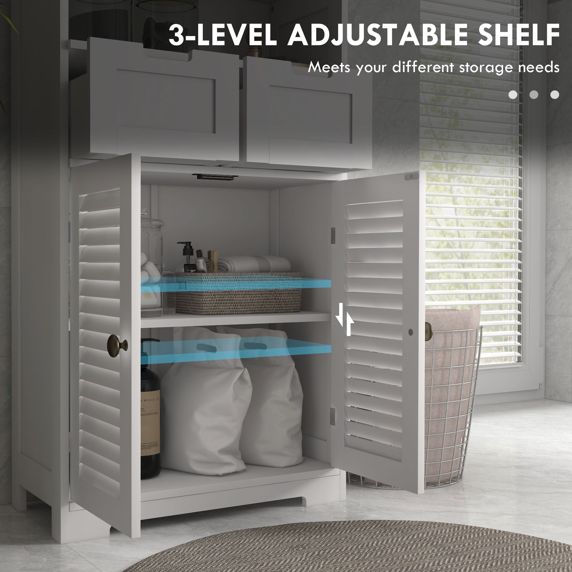 Bathroom Storage Unit with Louvred Doors, Bathroom Floor Cabinet with Drawers, Open Shelf and Adjustable Shelf