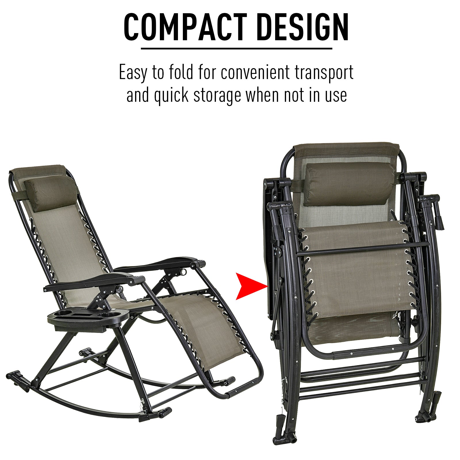 Garden Rocking Chair Folding Recliner Outdoor Adjustable Sun Lounger Rocker Zero-Gravity Seat with Headrest Side Holder Patio Deck - Grey