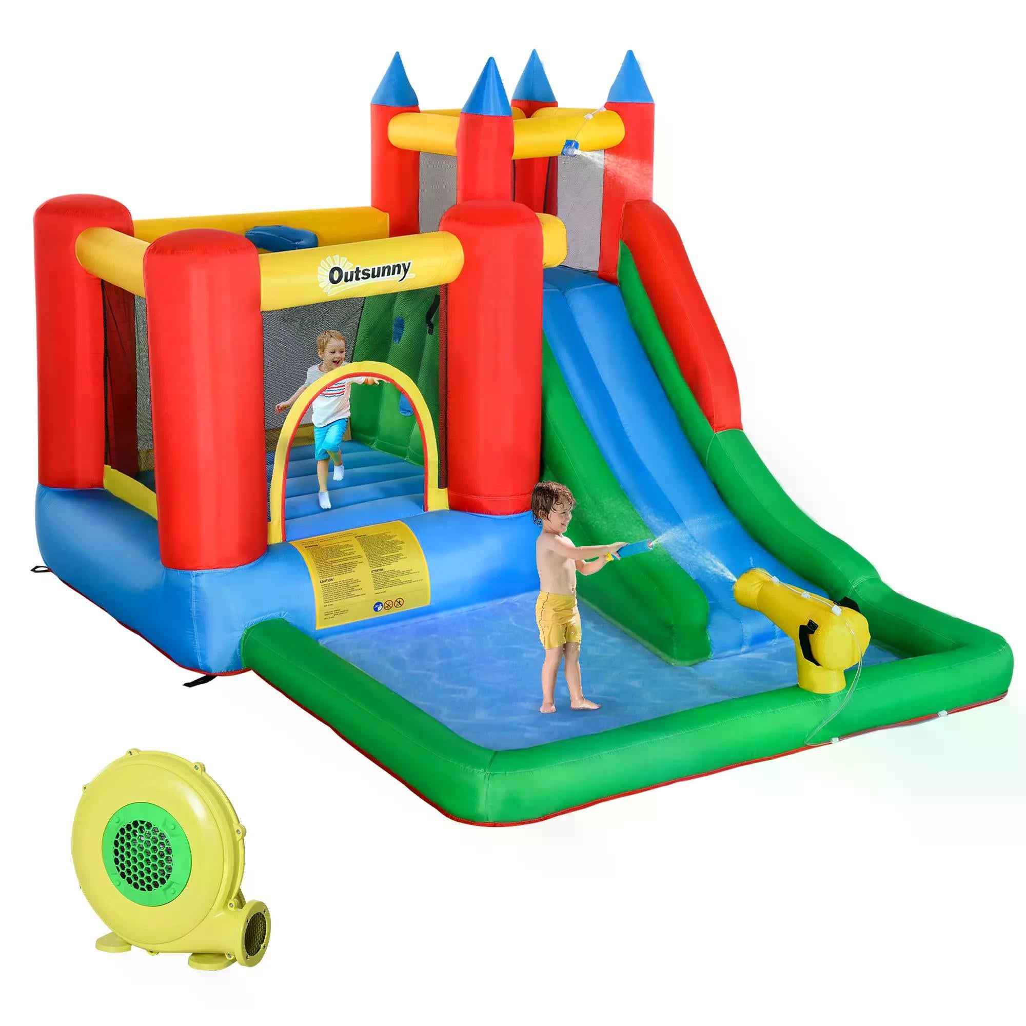 Kids Inflatable Bouncy Castle Water Slide 6 in 1 Bounce House Jumping Castle Water Pool Gun Climbing Wall Basket for Summer Playland