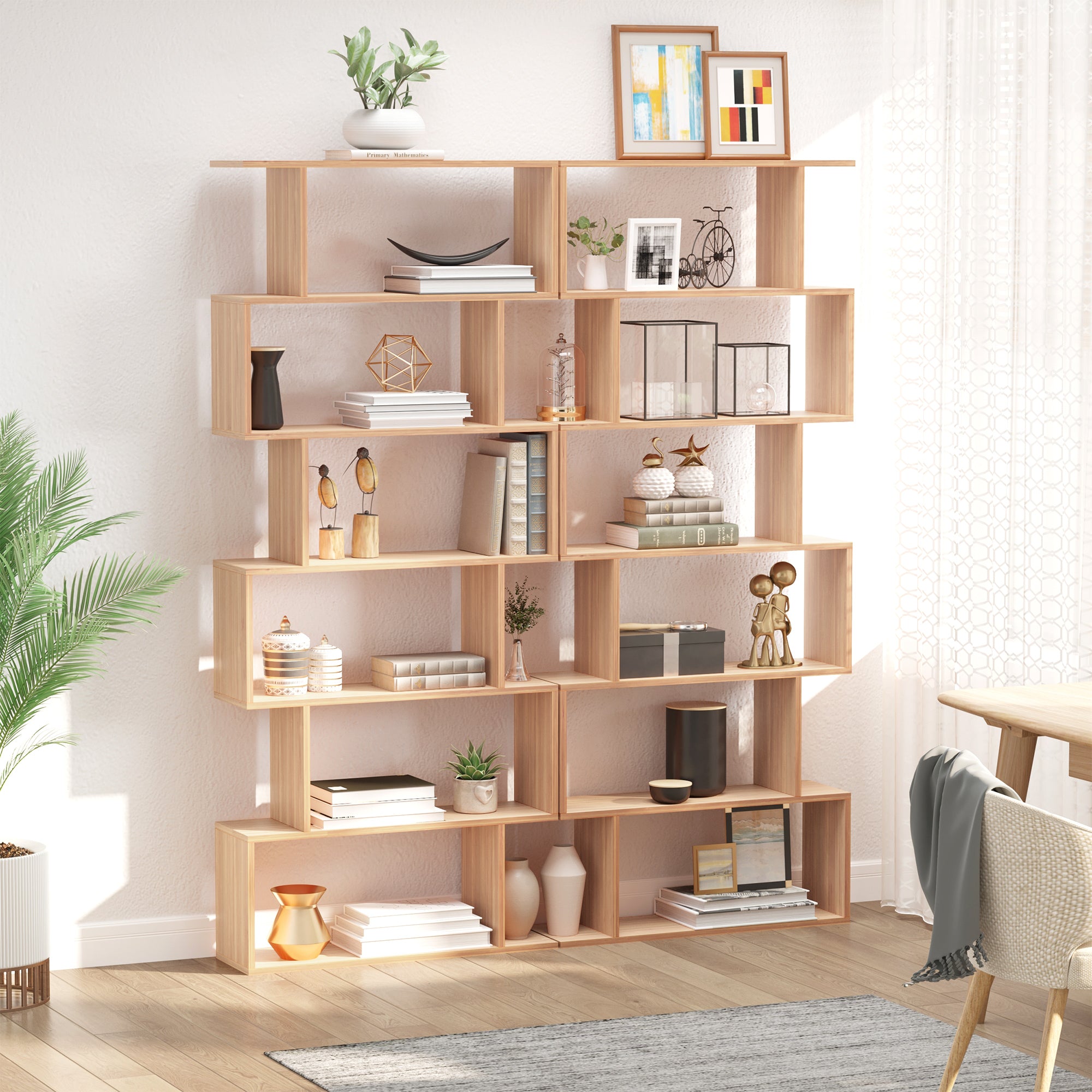 Wooden Wood S Shape Storage Display 6 Shelves Room Divider Unit Chest Bookshelf Bookcase Cupboard Cabinet Home Office Furniture (Maple)