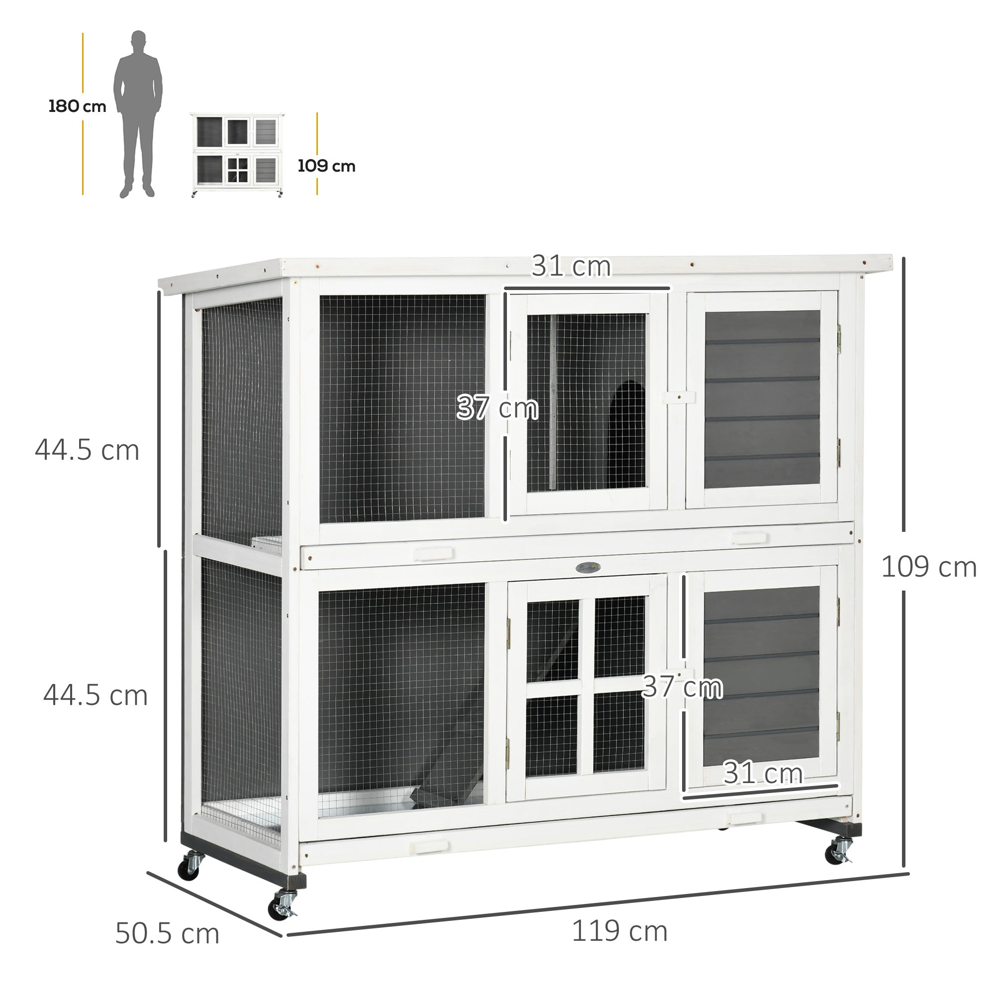 Wooden Rabbit Hutch with Wheels, Guinea Pig Cage, Small Animal House for Outdoor & Indoor with Slide-out Trays, 119 x 50.5 x 109cm, Grey