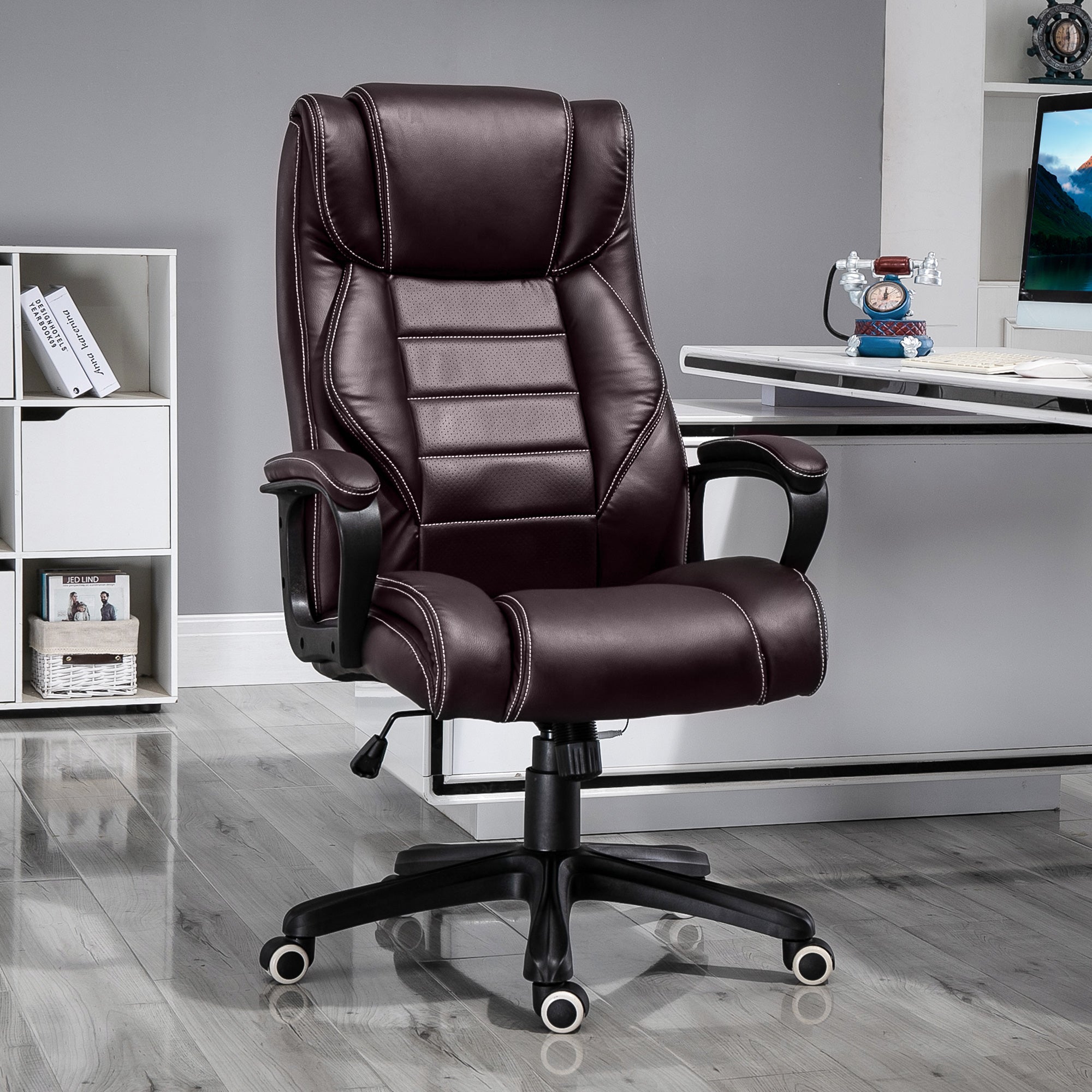 High Back Executive Office Chair 6- Point Vibration Massage Extra Padded Swivel Ergonomic Tilt Desk Seat, Brown