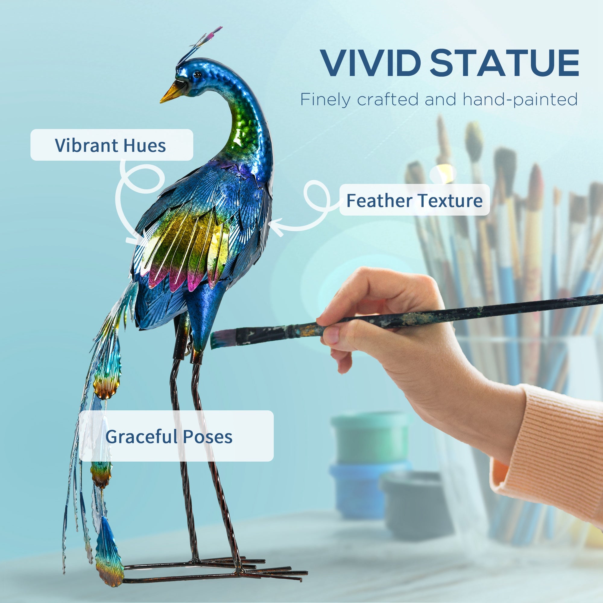 Steel Peacock Garden Statue with Stakes Durable Outdoor Decoration - Multi-Coloured