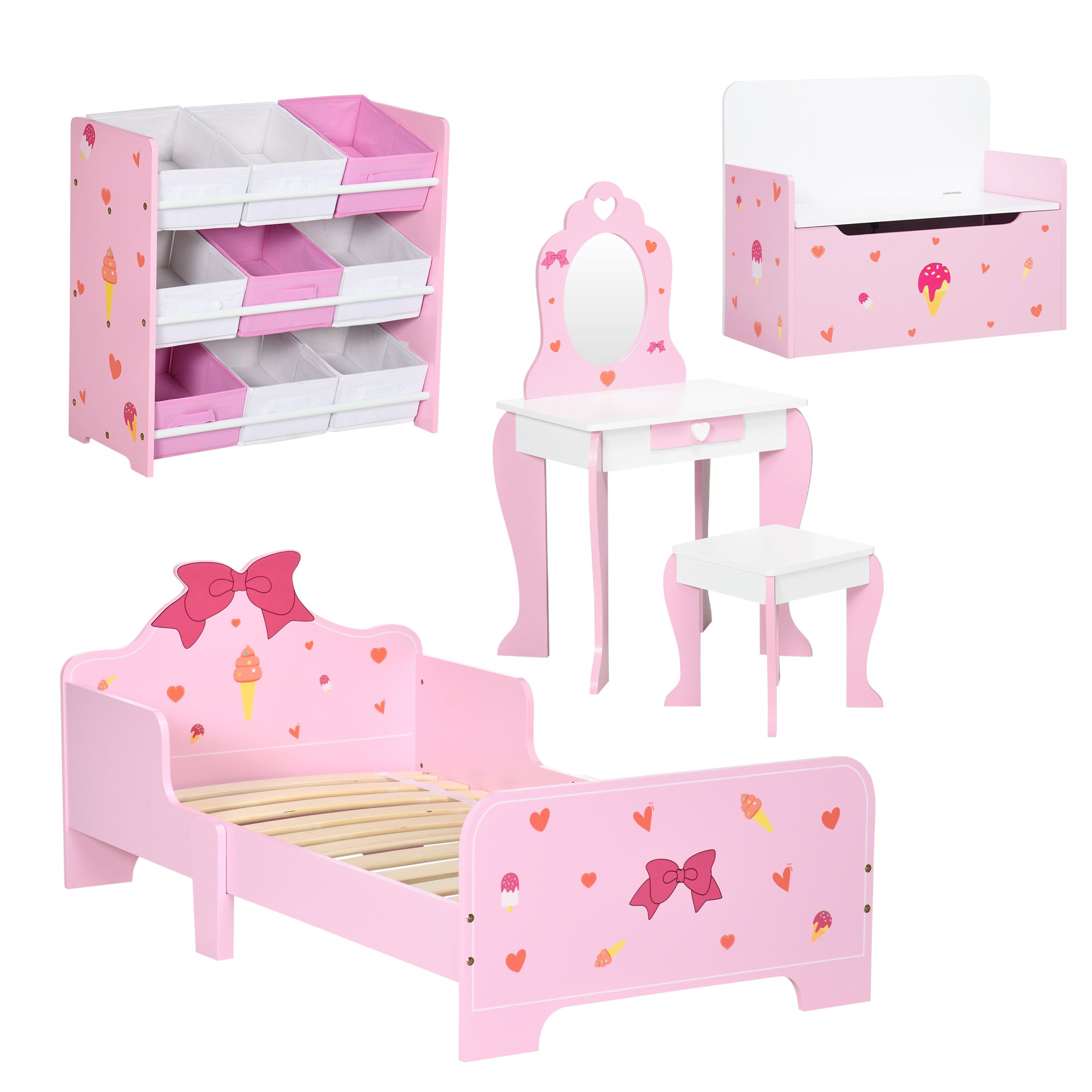 5PCs Kids Bedroom Furniture Set with Bed, Toy Box Bench, Storage Unit, Dressing Table and Stool, Princess Themed, for 3-6 Years Old, Pink