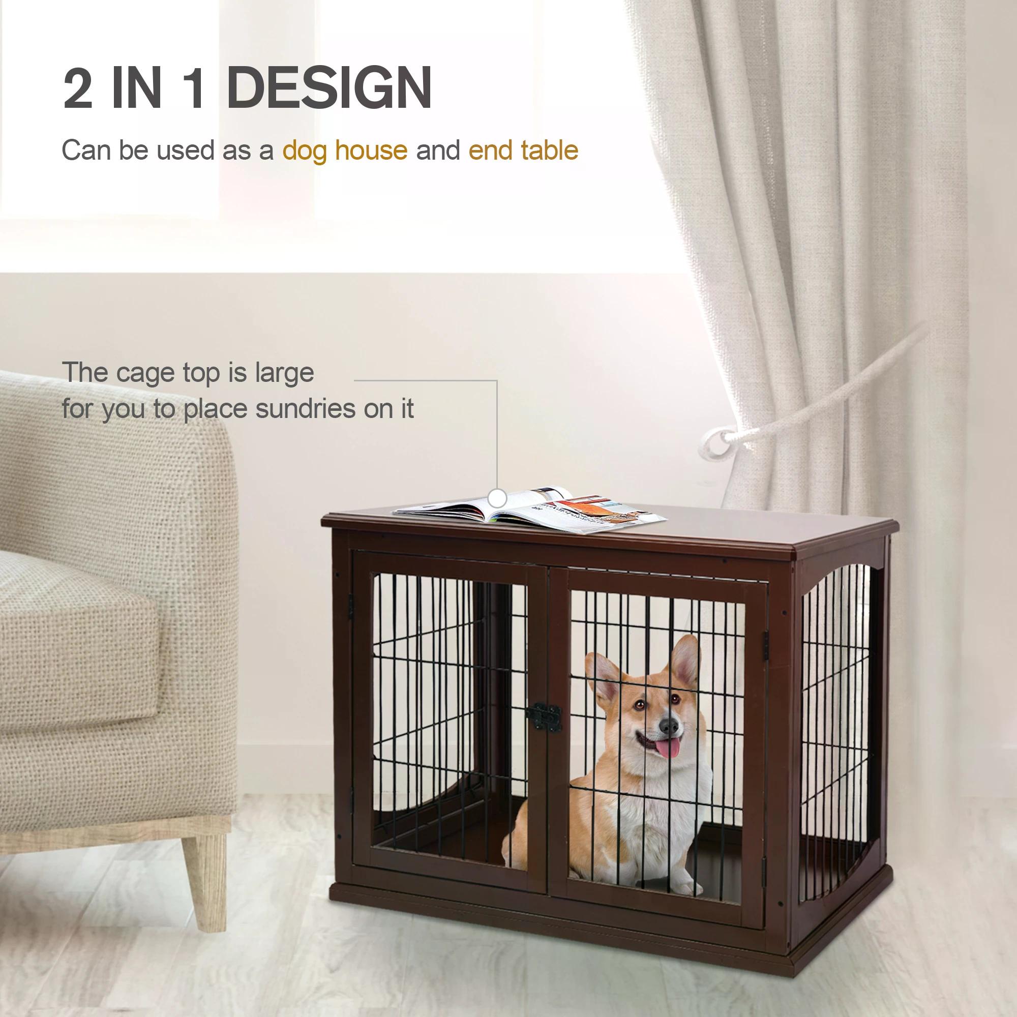 66cm Modern Indoor Pet Cage w/ Metal Wire 3 Doors Latches Base Small Animal House Tabletop Crate Decorative Stylish Brown