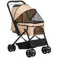 Foldable Pet Stroller Pushchair with Reversible Handle, Brake & Basket for Dog Cat Travel - Light Brown